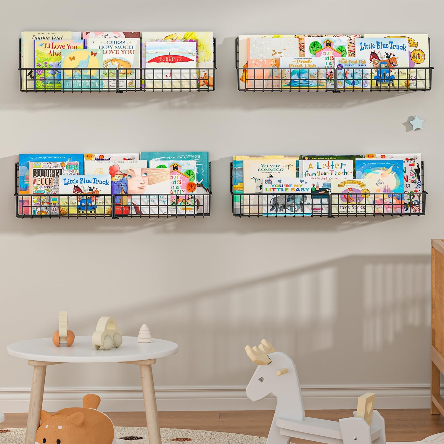 X-cosrack 24 Inch Wall Mounted Kids Bookshelf, Floating Metal Book Shelves for Kids Nursery Toddler Classroom, Hanging Book Shelf Organizer for Room Decor, Black, Set of 4