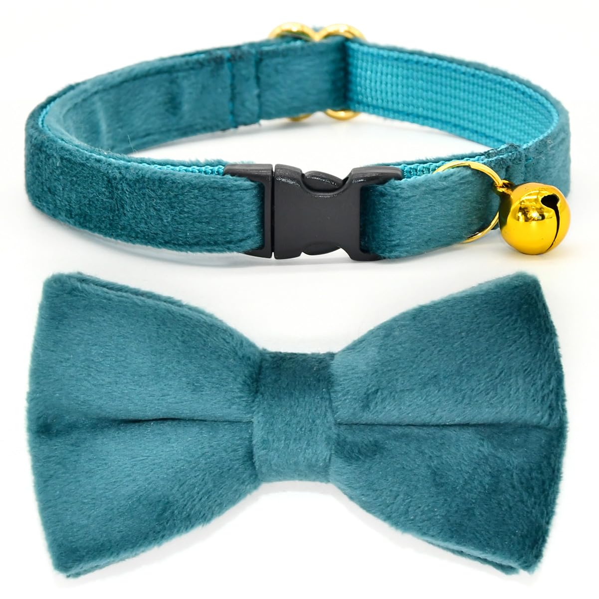 Kamercy Cat Collars with Bowtie, Turquoise Velvet Cat Collar, Safety Breakaway Cat Collar