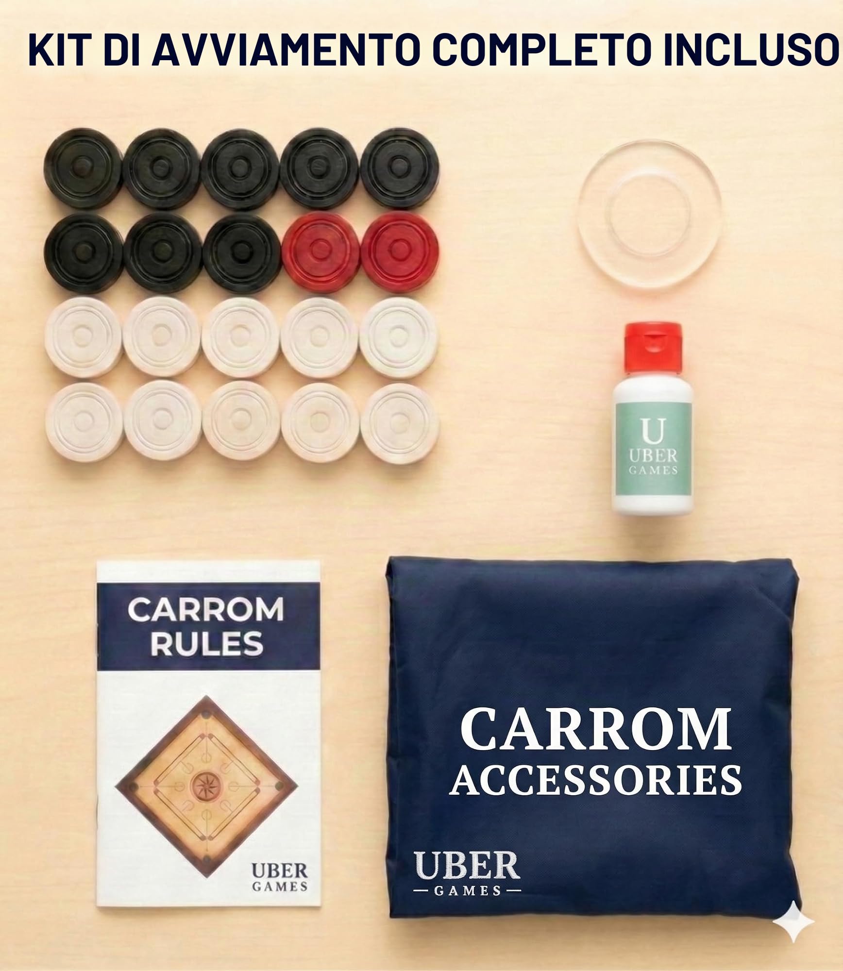 Carrom set, ora con bordi più duri (in legno di mango) per un migliore rimbalzo e un piano di gioco lucido in legno di mango spesso 4 mm, pesa 7 kg, ha una dimensione quadrata di 83,8 cm x 83,8 cm e una superficie di gioco di 73,7 cm x 73,7 cm, include mo