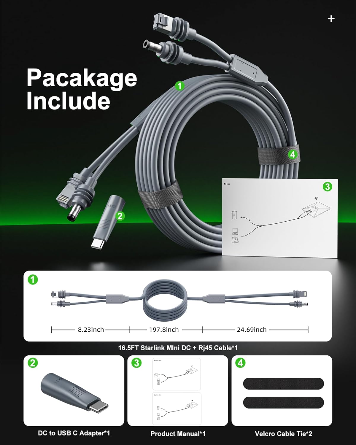 2 in 1 Starlink Mini Ethernet Cable 16.4FT/5M, DC/USB C Charging Power Cord + RJ45 Ethernet Replacement Starlink Mini Cable Accessories