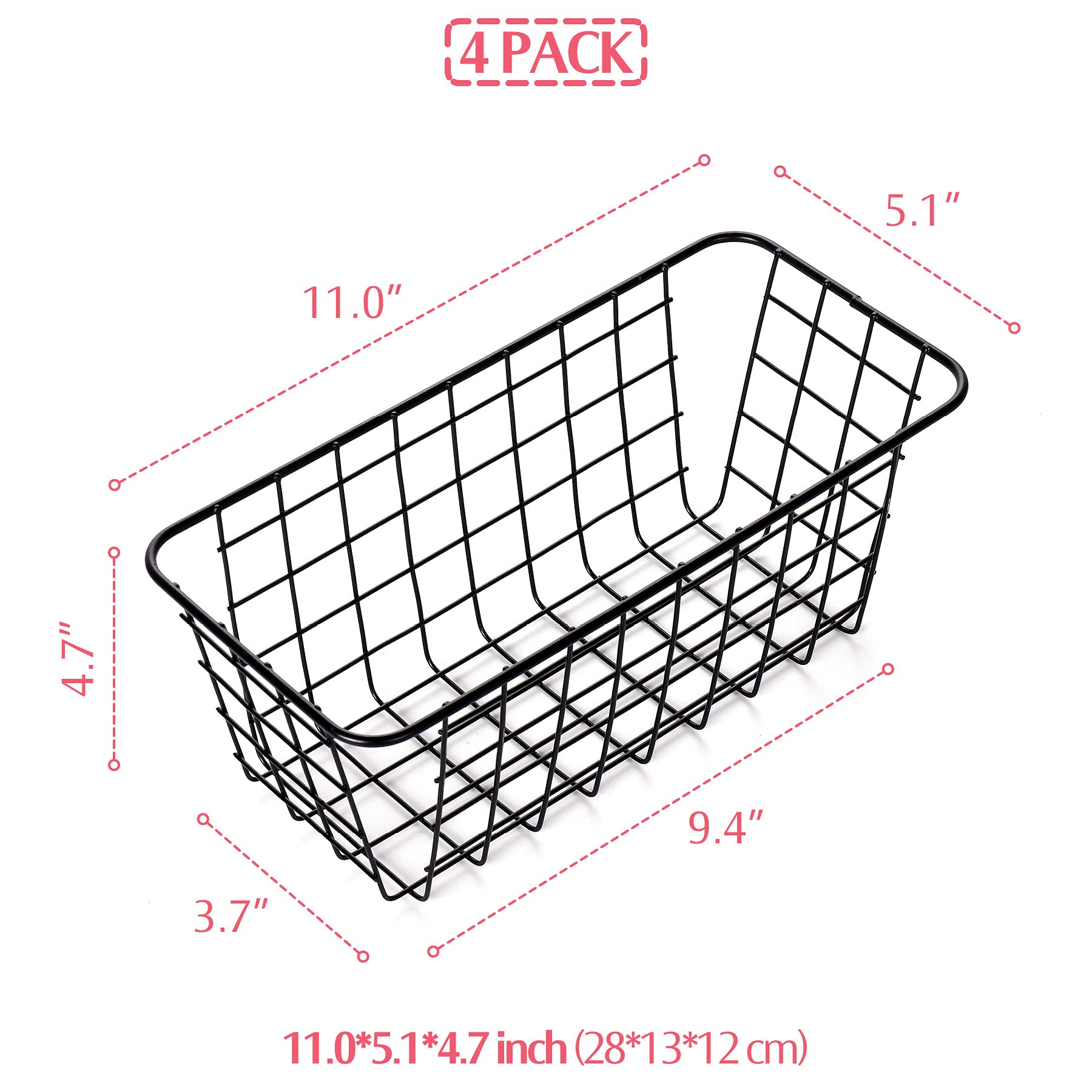 XINFULL 4 Pack Wire Storage Baskets Household Metal Wall-Mounted Containers Organizer Bins for Kitchen Bathroom Freezer Pantry Closet Laundry Room Cabinets Garage Shelf, Medium