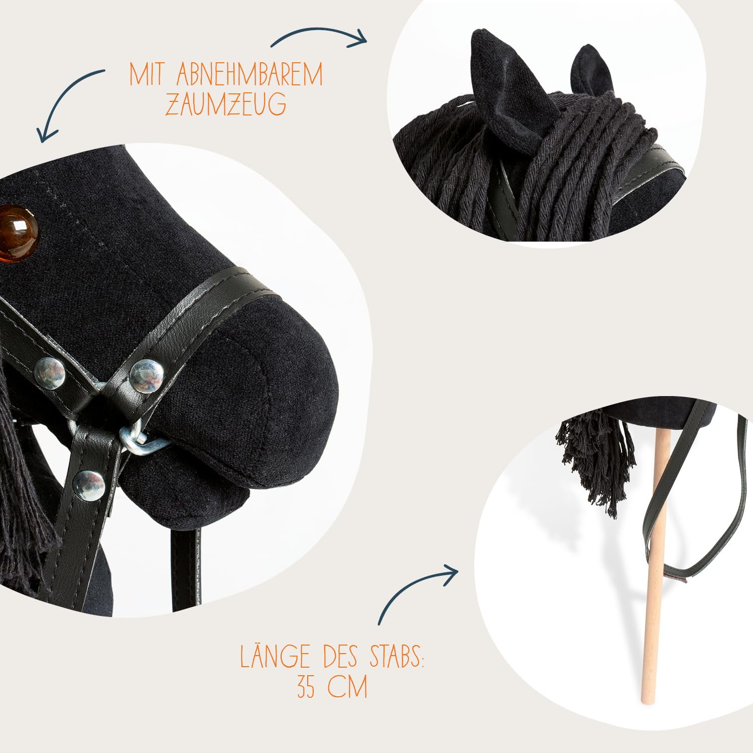 PINOLINO Cavallo in Peluche Spirit Nero, Cavallo su Asta di Legno, Cavallo Bastoncino per Bambini a Partire dai 3 Anni, Giocattolo per Interni ed Esterni, Cavallo da Gioco con Briglia