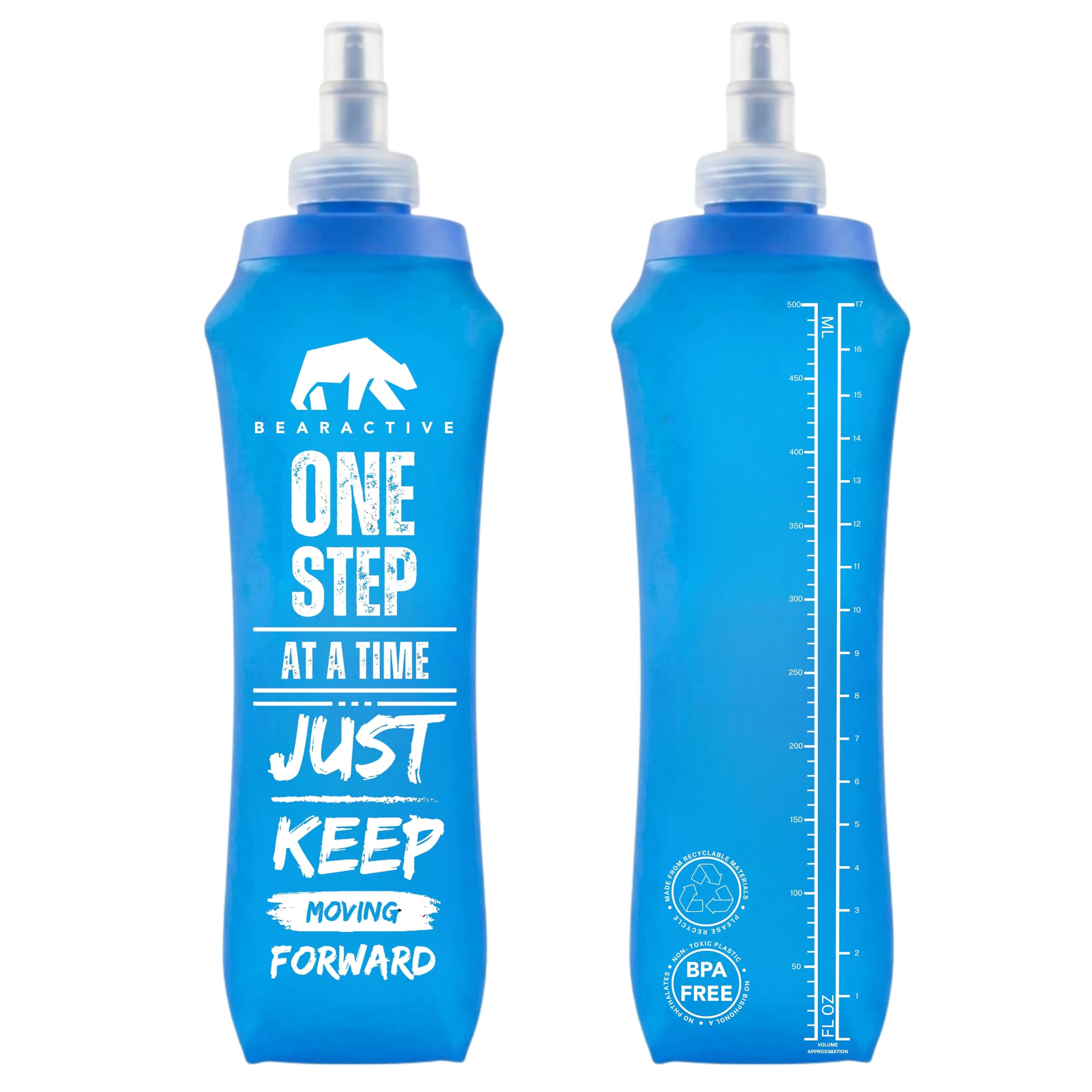 Bearactive Motivational Soft Flask 500ml, Lightweight Collapsible Water Bottle, Running Bottle BPA Free Plastic, Leak Proof Foldable Water Bottle for Running Vests & Belts (Blue 2 x Soft Flask)
