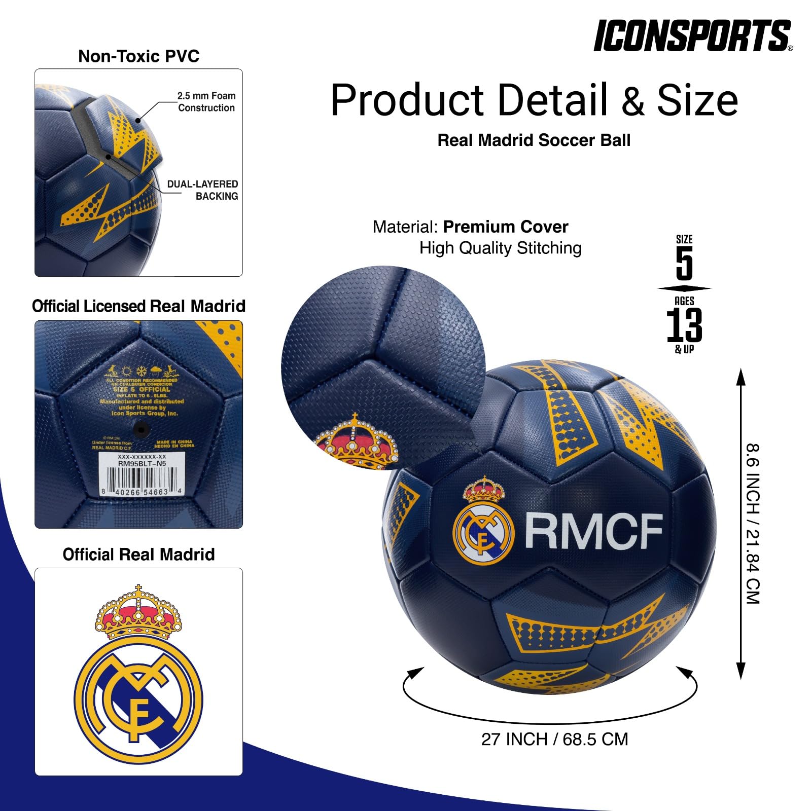 Icon Sports Compatible with Real Madrid Soccer Ball Officially Licensed Player Ball Size 5 - Navy