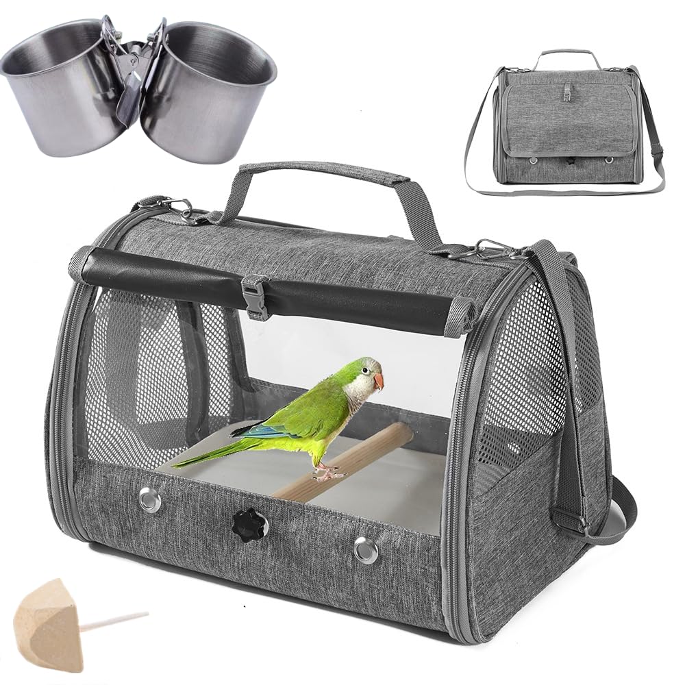 Mochila para Aves,Bolsa de Viaje,Bandeja de Plástico,Percha con Soporte, Portátil,Lavable,Exterior,para Loro,Excursionismo,Camping,con 1 Piedra Molar,1 Vaso de Alimentación con Clip