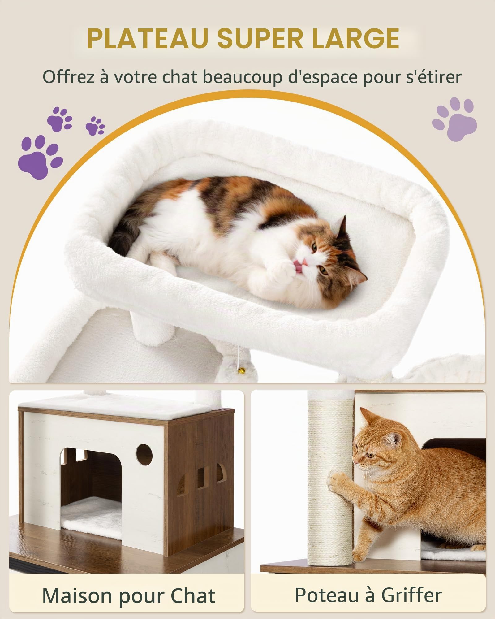 Hzuaneri Arbre à Chat avec Meuble Litiere Chat, 150cm Haut, Marron et Blanc | Coussin Lavable, Deux Grandes Plateformes, Poteau Sisal, Panier pour Chat, Maison pour Chat, Balles Peluche, CB89214WT