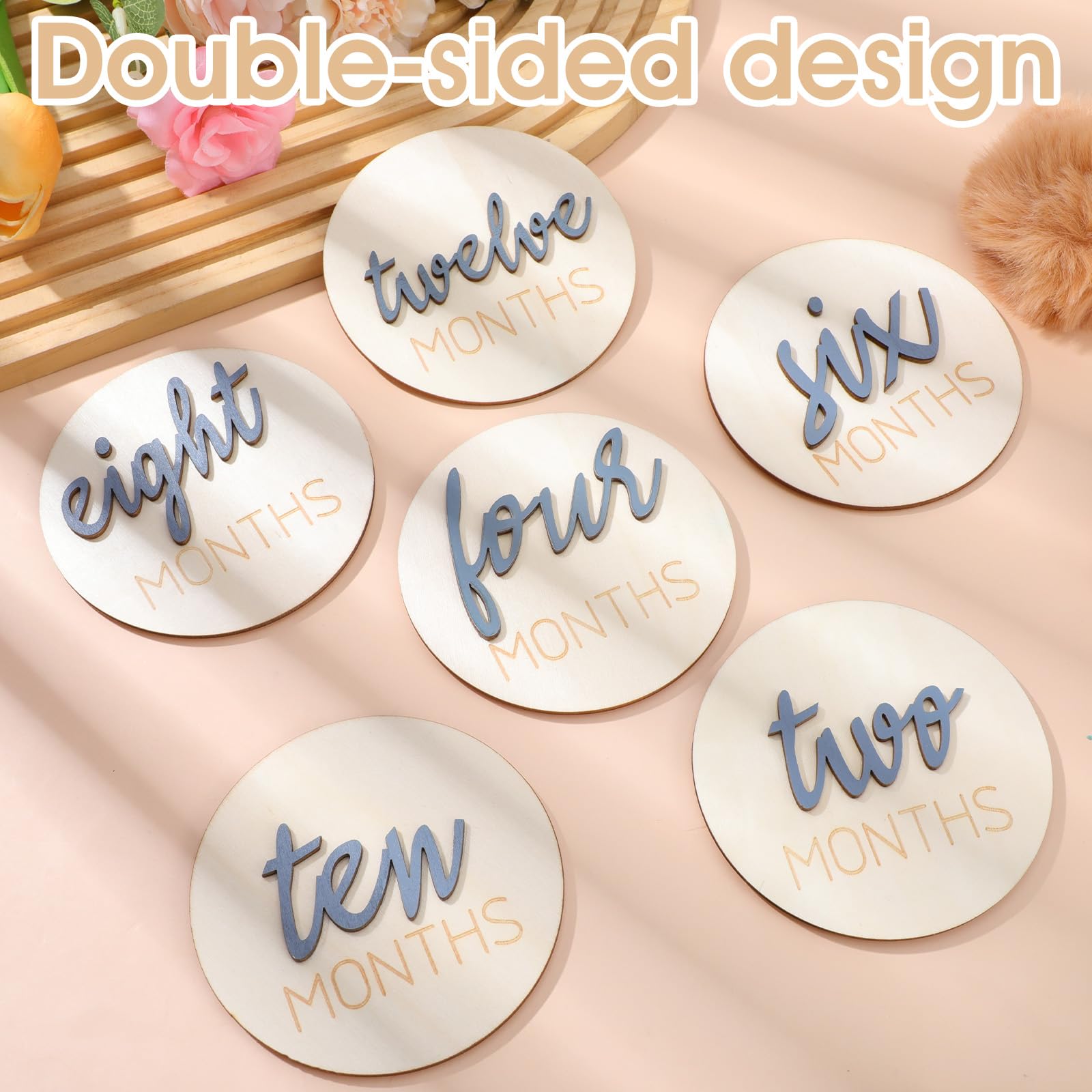 6 PCS Baby Monthly Milestone Cards, Double Sided Wooden 3D Milestone Cards Signs for Photos Announcement Sign 1-12 Months Photography Photo Newborn Keepsake Gift(Blue)