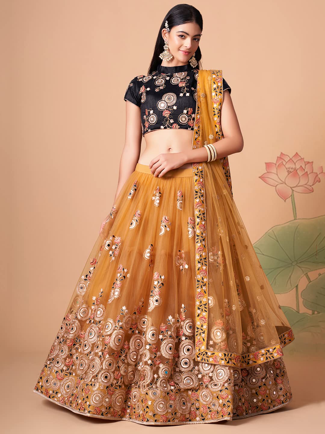 Zeel Clothing Women's Net Embroidered Semi-Stitched Bridal New Lehenga Choli with Dupatta (7318-Gold-Wedding-Bridal-Latest-Lehenga; Free Size) (Gold) 1