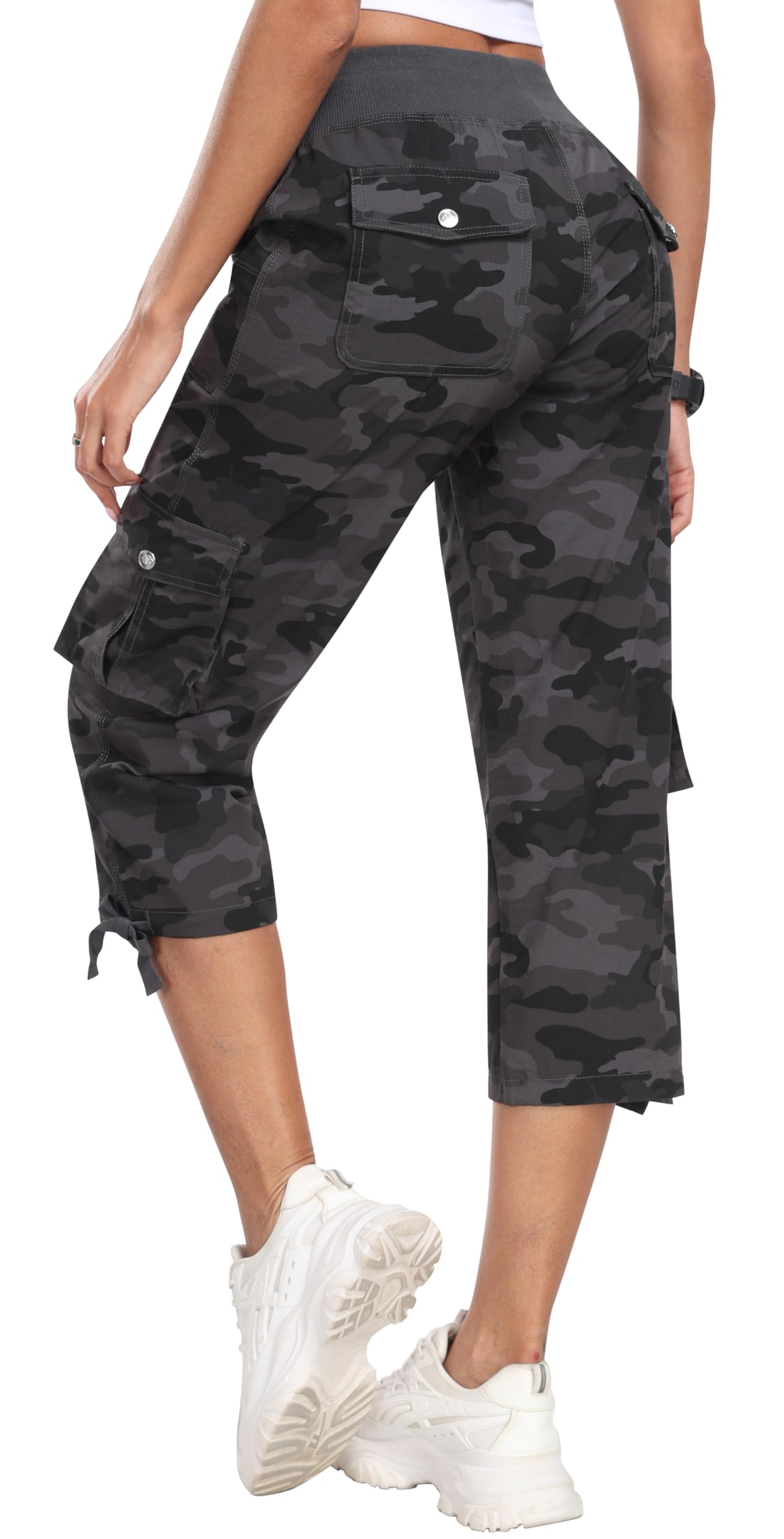 MoFiz Pantaloni Capri da donna con tasche, vestibilità larga, casual, eleganti, leggeri, da donna, larghi, per escursionismo, Grigio mimetico, XS