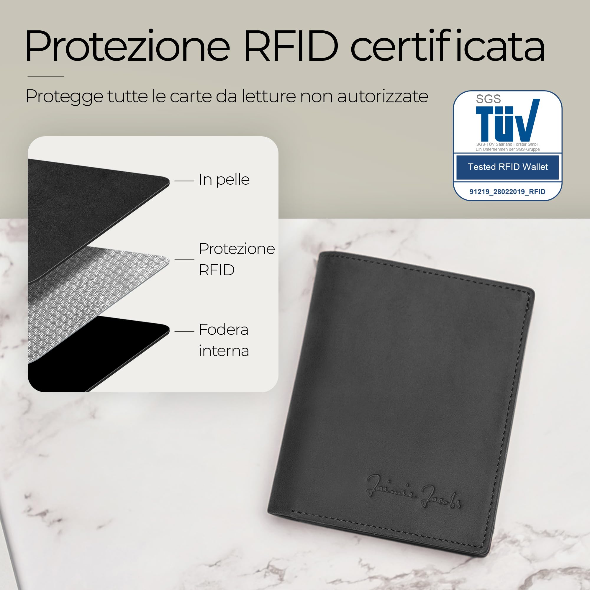 Jaimie Jacobs SLIMSTAR Portafoglio Uomo Piccolo con protezione RFID Porta Carte di Credito (Vano Apple AirTag, Pelle Di Bufalo Nero)