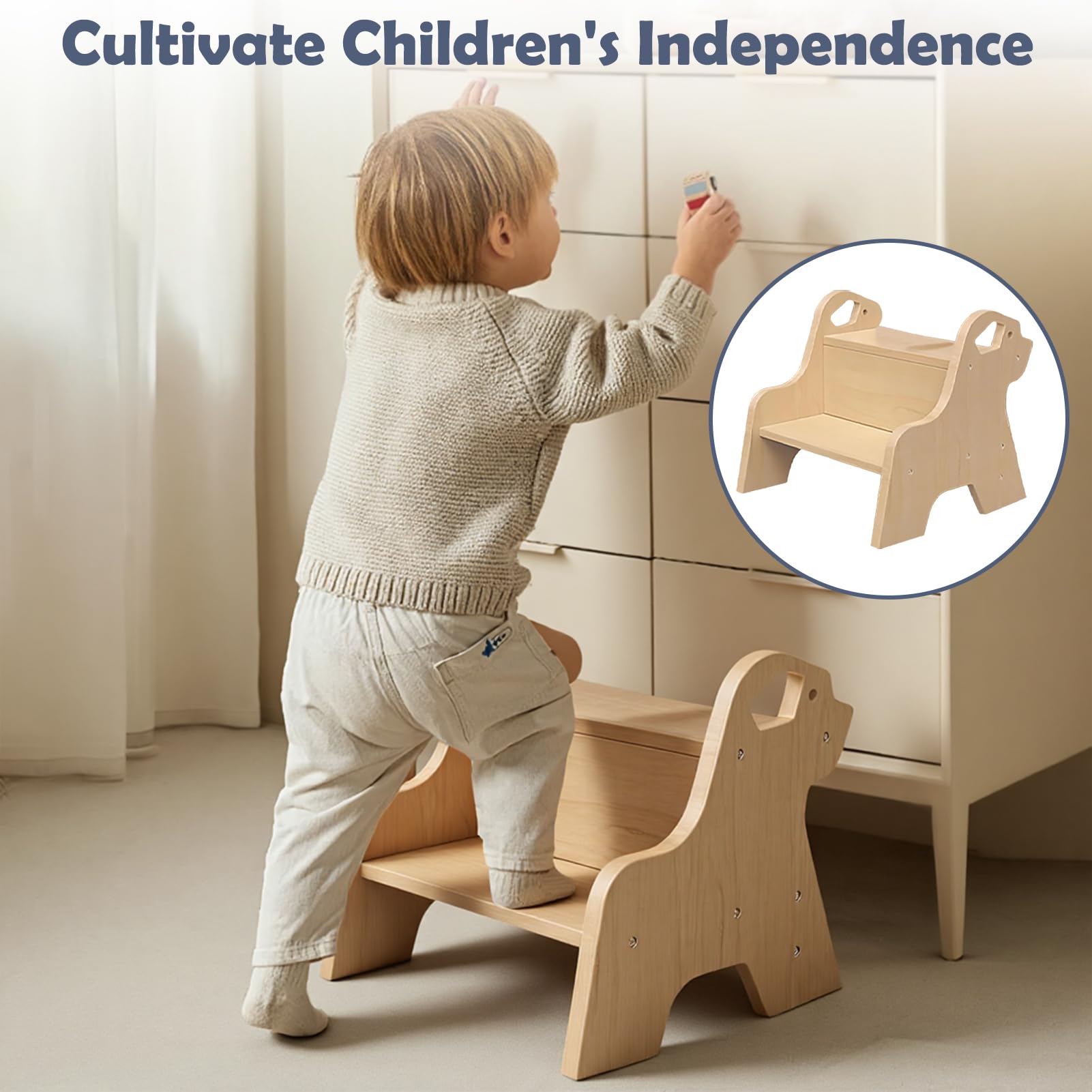 Tritthocker für Kinder - 2-Stufig Hocker Kinderschemel (Holzfarben) | Antirutschmatte und Griff, Multifunktional Tritthocker Holz für Badezimmer, Küche, Kinderzimmer, Kinder, Erwachsene, Senioren