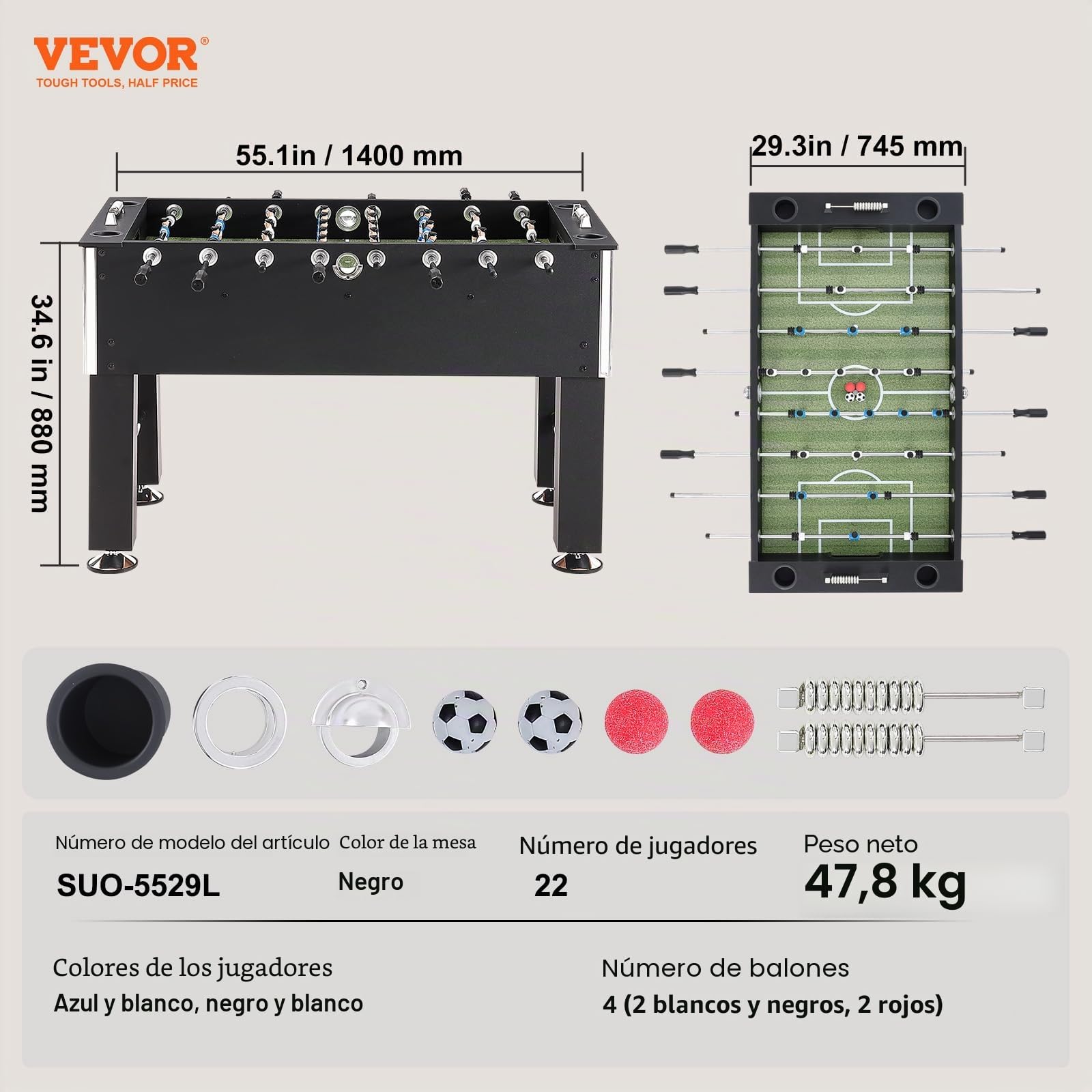 VEVOR SUO-5529L - Juego de fútbol estándar de 55 Pulgadas, tamaño Completo para Interiores, hogar, Familia y Sala de Juegos, Incluye 4 Pelotas y 4 portavasos, Color Negro