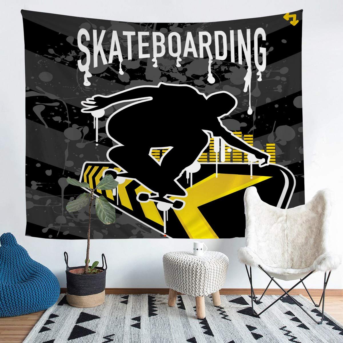 Skateboard Tapestry Extreme Sports Tapestry Wall Hanging for Kids Boys Girls Youth Black Silhouettes Printed Wall Tapestry Modern Fashion Decor Wall Art for Bedroom Living Room,Large 58x79 Inch