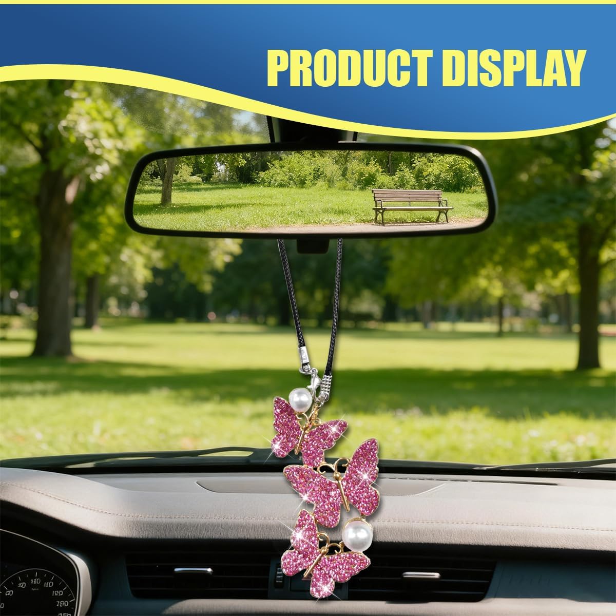 Bling Butterfly Diamond Car Hanging Accessory, Crystal Rhinestone Rear View Mirror Charm for Women, Butterfly Window&Backpack Decoration Car Interior Hanging Ornament Pendant Presents(Pink) image 3
