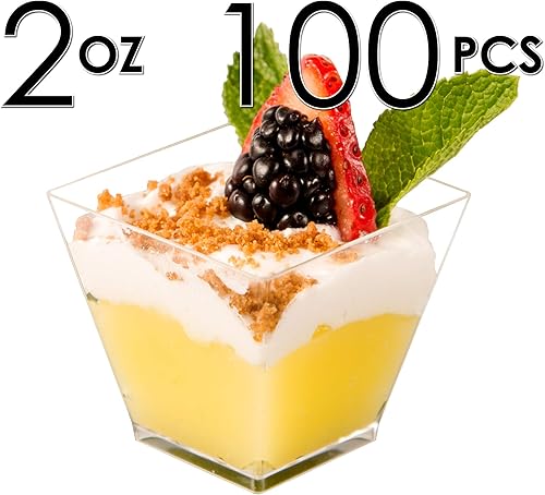 Miniatura 8 de DLux 100 mini tazas cuadradas de postre de 2 onzas (sin cucharas), taza de plástico transparente para aperitivos de parfait, pequeño cuenco