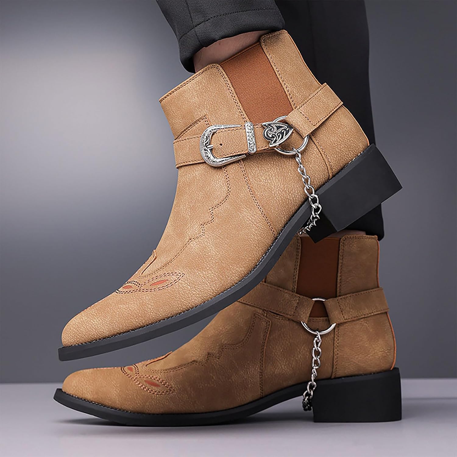 Men'S Hand Embroidery CowBoys Chelsea Boots with Chain Buckle Classic Elastic Band Slip-On Chunky Heel Non-Slip Western Motorcycle Ankle Boots