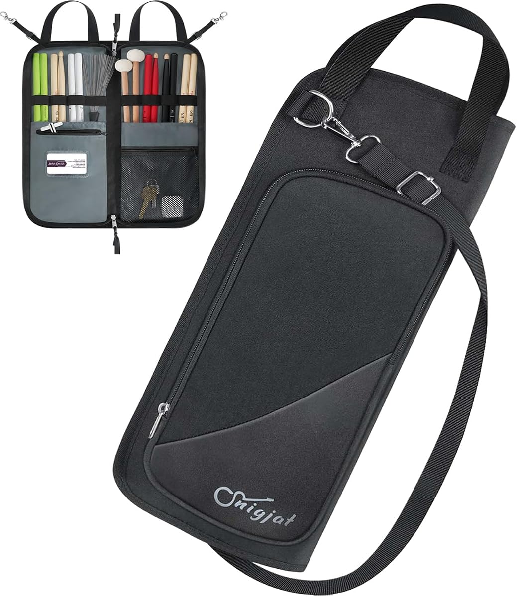 Bolsa para baquetas con bolsillo anticaída y ganchos metálicos, 8 ranuras | Bolsa para baquetas de gran capacidad con correa cruzada para el hombro, regalos para bateristas, principiantes en banda, concierto