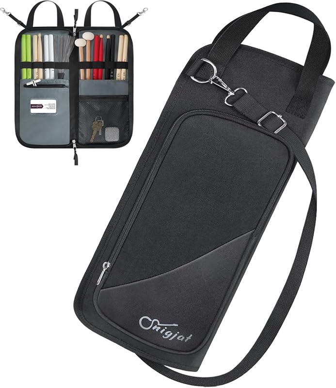 Bolsa para baquetas con bolsillo anticaída y ganchos metálicos, 8 ranuras | Bolsa para baquetas de gran capacidad con correa cruzada para el hombro, regalos para bateristas, principiantes en banda, concierto