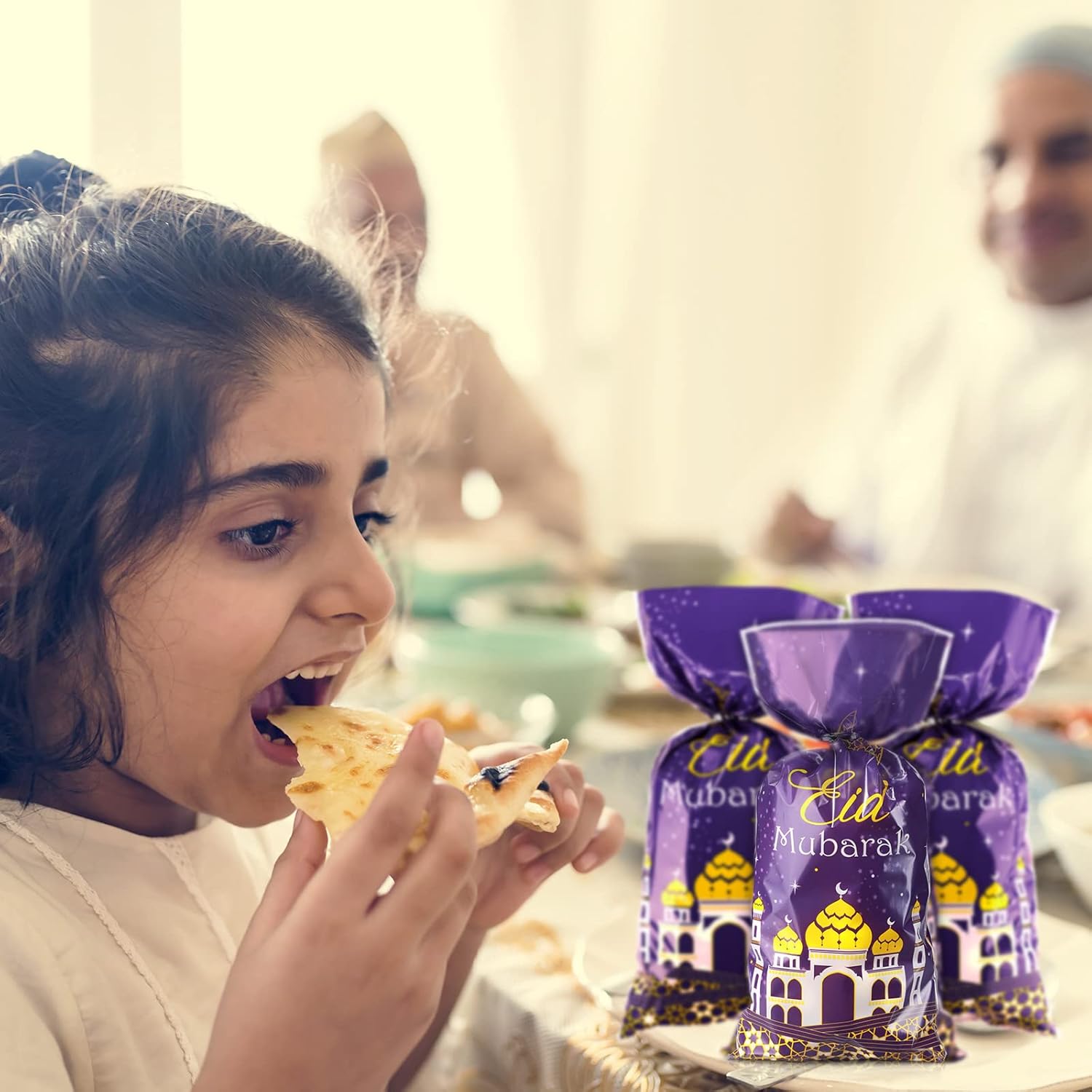 Blulu 100 Pcs Eid Mubarak Party Treat Bags, Ramadan Theme Printed Pattern Gift Cellophane Clear Plastic Goodie Favor Bags with Silver Twist Ties for Eid Mubarak Party (Purple Gold) - Image 5