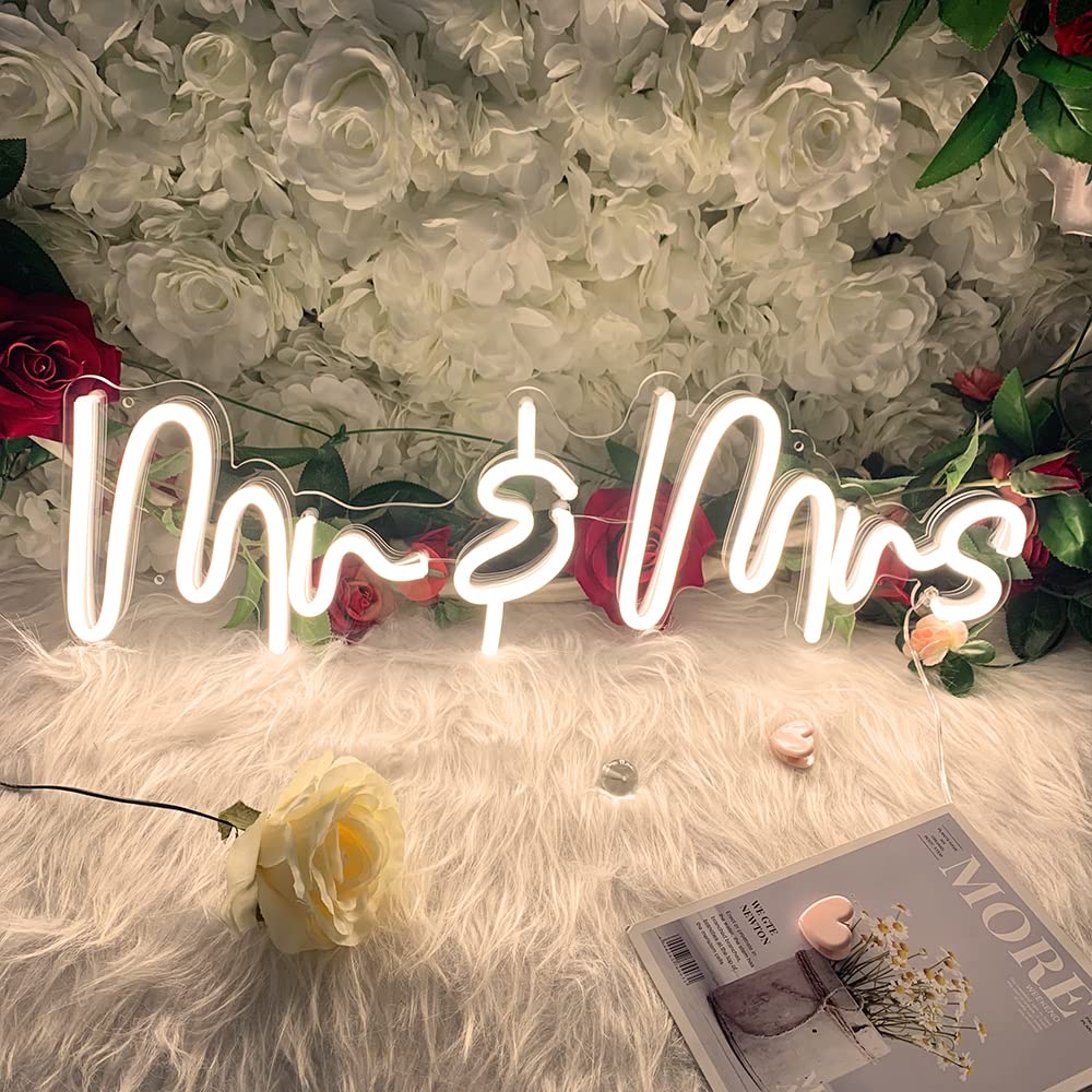 Mr&Mrs Neon Sign for Wedding, Large Size 24"x9.5" Handmade Mr and Mrs Led Sign for Wall Decor, Dimmable LED Neon Light Sign Create Vibes for Engagement, Bridal Shower, Wedding Gift