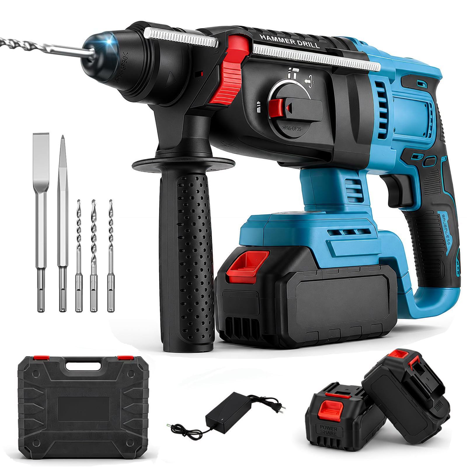 Marteau Perforateur Sans Fil, Perceuse à percussion 5 en 1 avec 2 batteries de 21V, Brushless, pour béton, rénovation et bricolage, avec foret, burin et mallette