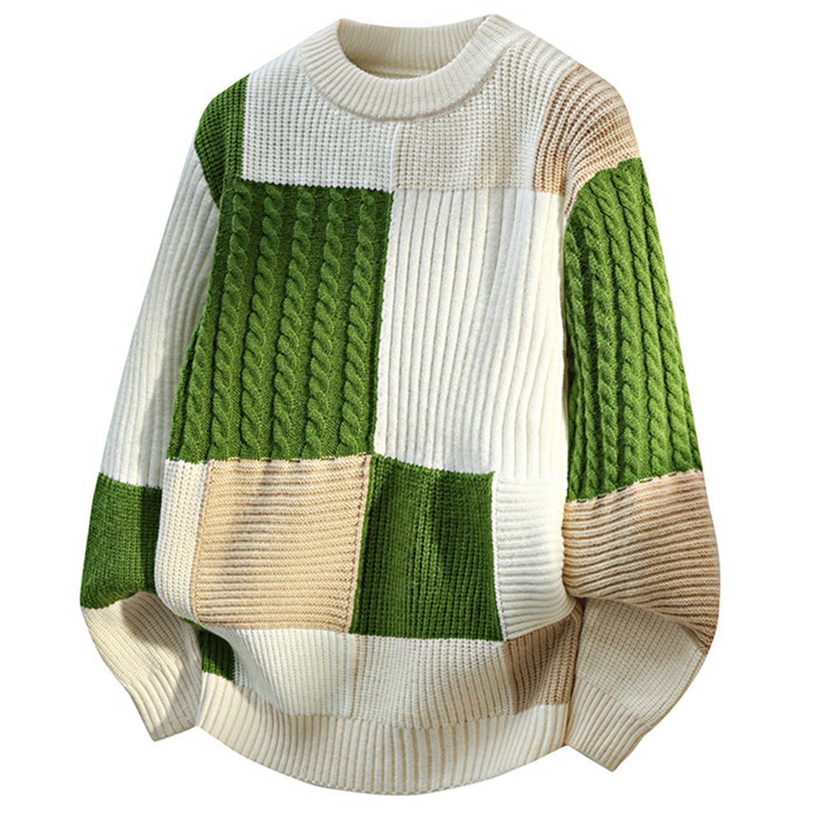 Jersey para hombre, cuello redondo, suéter de invierno, de gran tamaño, informal, patchwork elegante, holgado, cálido, estilo vintage, streetwear versátil, manga larga, suéter para fiesta