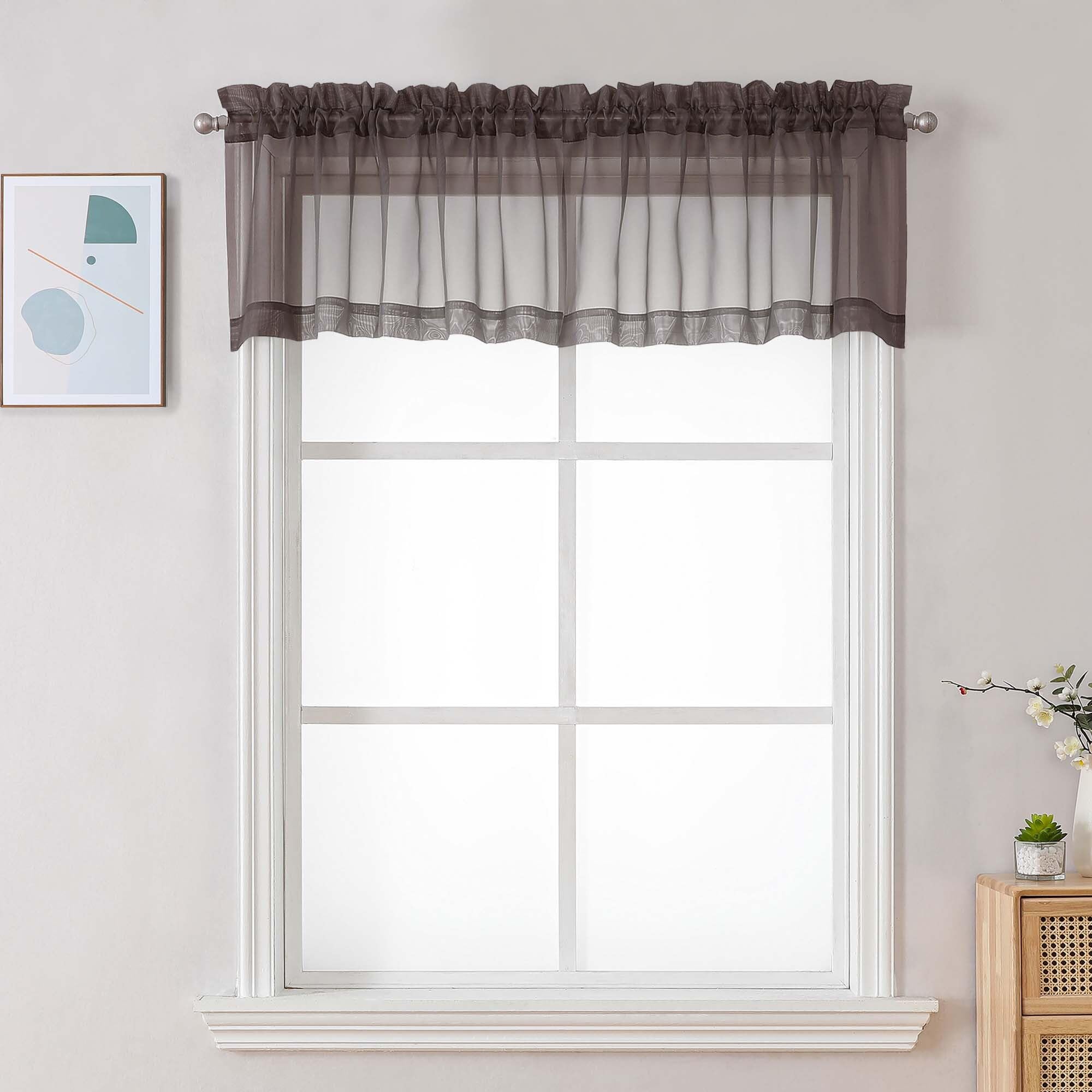 Chyhomenyc Chocolate Brown Sheer Valances for Windows - Light Filtering Small Kitchen Curtains, Rod Pocket Short Top Window Treatment Decor for Living Room Bathroom Basement, 42Wx16L inches, 2 Panels