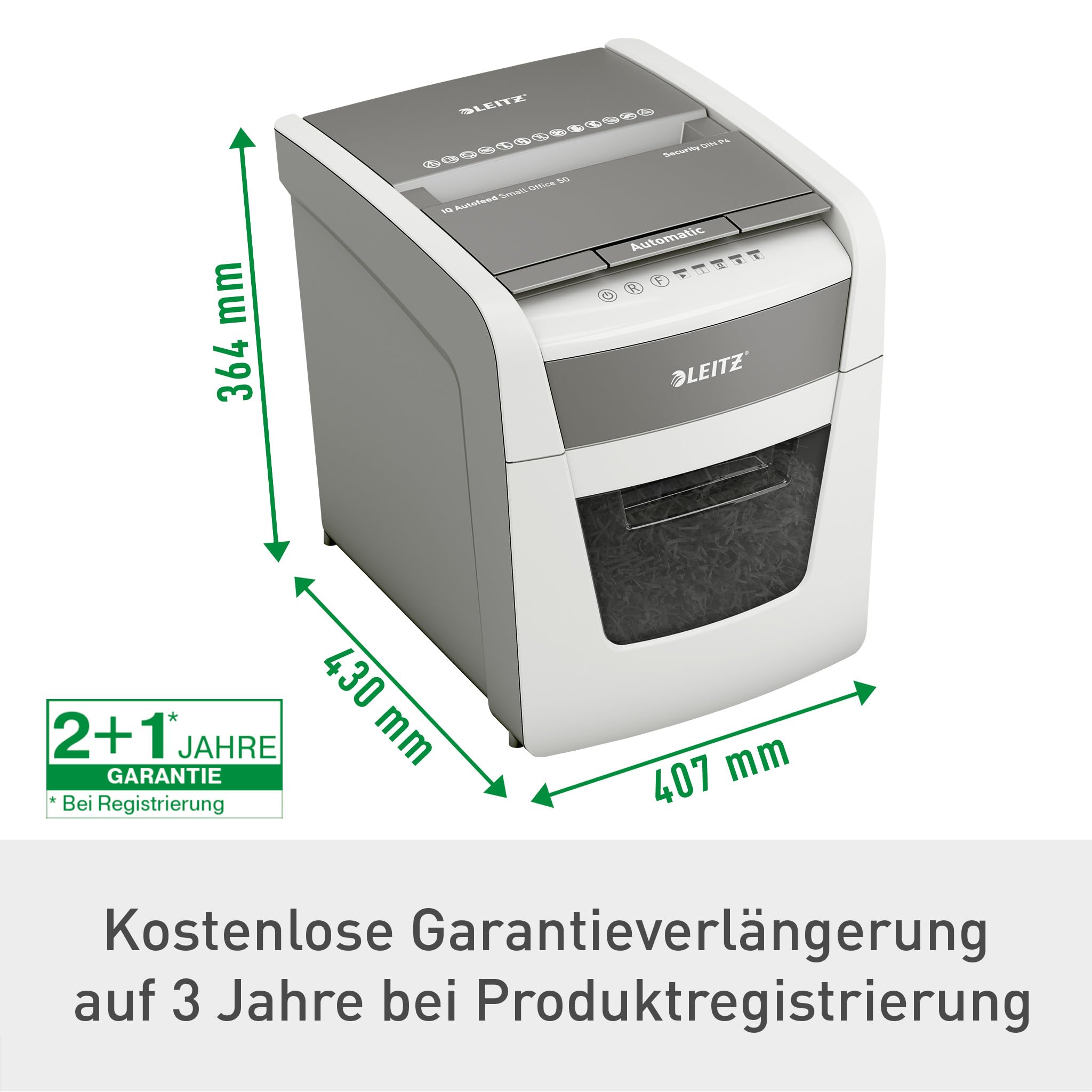 Leitz IQ Autofeed Small Office Aktenvernichter, 50 Blatt Papierstapel schreddern, Zeit sparen mit automatischem Einzug, Partikelschnitt P4, 20L Abfallbehälter, Leiser Betrieb für Büro, 80350000
