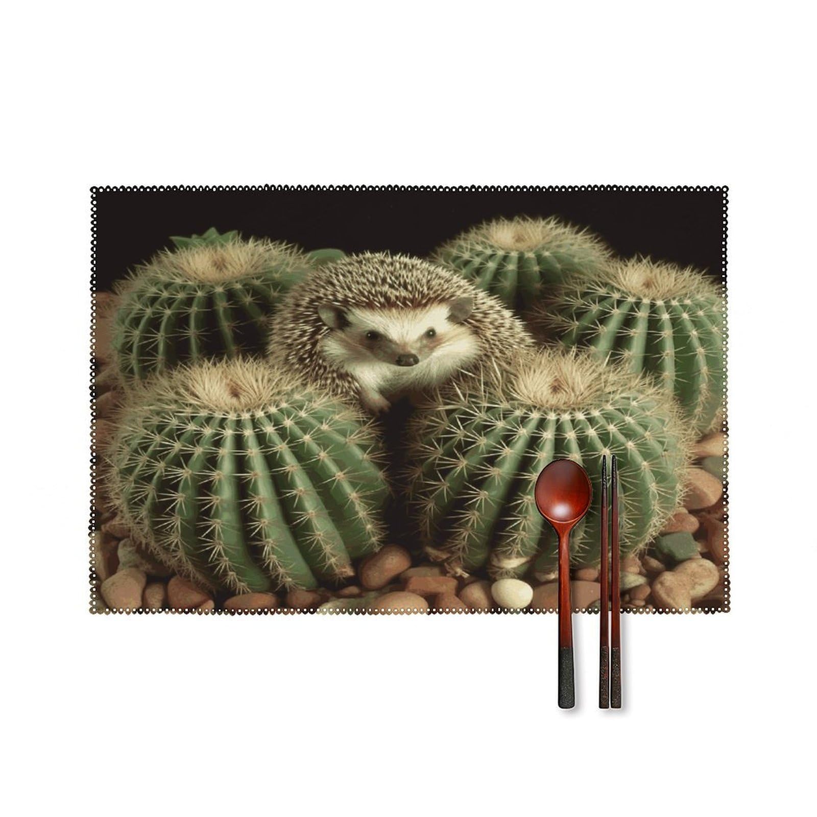 Btcowzrv Style Hedgehogs Cactus Canvas Placemats Set Of 6, Wipeable Washable Place Mats For Indoor & Outdoor, Table Mat Decor For Kitchen Dining Party