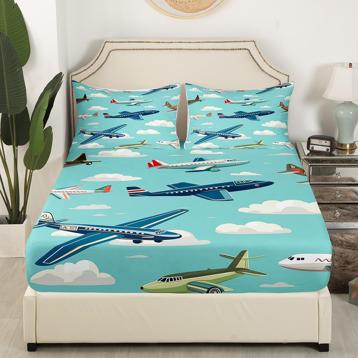 Erosebridal Kids Rainbow Plane Fitted Sheet Queen Size Cartoon Aircraft Bed Sheets for Boys,Transportation Airplane Theme Bedding Blue Sky White Cloud Bed Cover,Flying Vehicles Room Decor