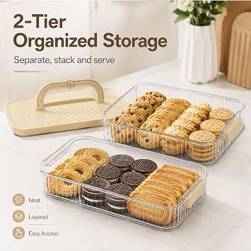 Cracker Storage Container 2 Tier, Biscuit Tins Large Biscuit Container, Cookie Storage Container with Date Handle, Dumpling Storage Box, Biscuit Barrel for Fridge Freezer