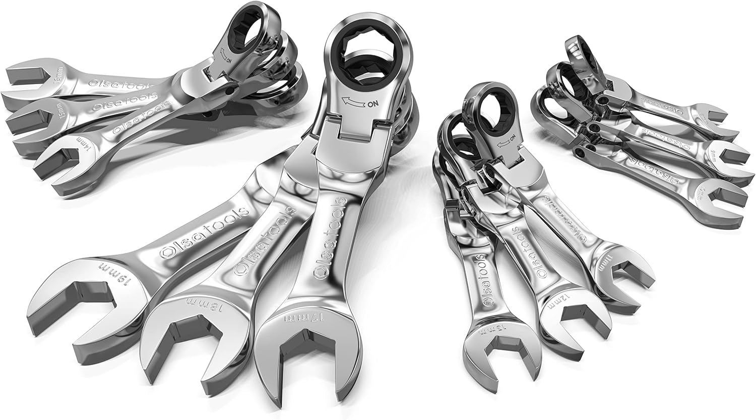 Olsa Tools Stubby Ratcheting Wrench Set - 12 Pc Metric Flex Head - 6-Point Box End - 120-Tooth - Works on Rounded or Stripped Bolts - Compact Professional Spanners - Part 1358