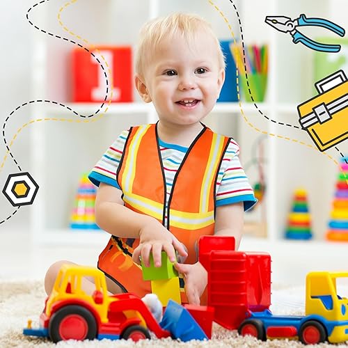 Miniatura 6 de Xtinmee Chaleco de construcción para niños, 2 piezas, disfraz de trabajador de la construcción, chaleco de seguridad de alta visibilidad, disfraz