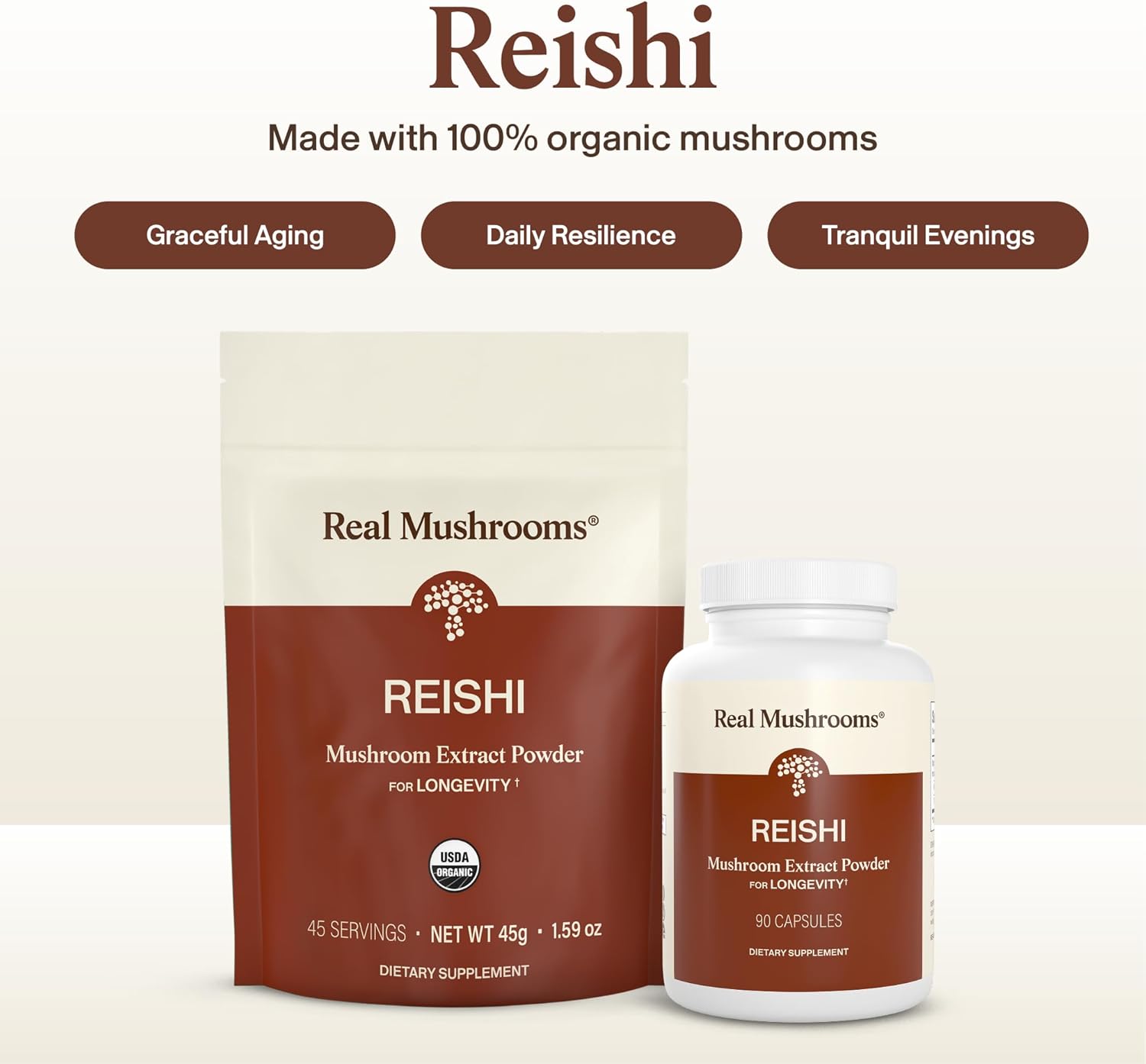 Real Mushrooms Reishi Mushroom Capsules - Handpicked Organic Mushroom Extracts - Red Reishi for Tranquil Daily Wellness with Verified Beta Glucans Vegan, Non-GMO, No Grain Fillers, 90 ct