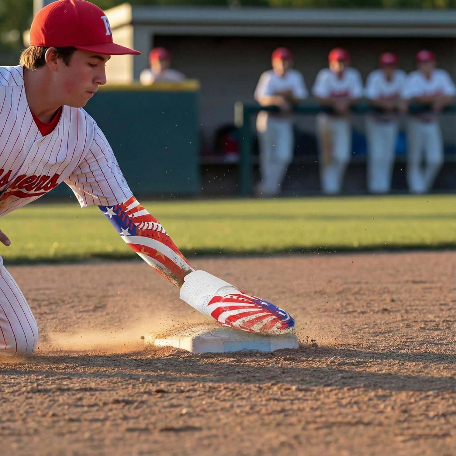 3 Pcs Sliding Baseball Mitt and Arm Sleeves for Youth 250 Anniversary Softball Gear Boys American Flag Adjustable Sport Protective