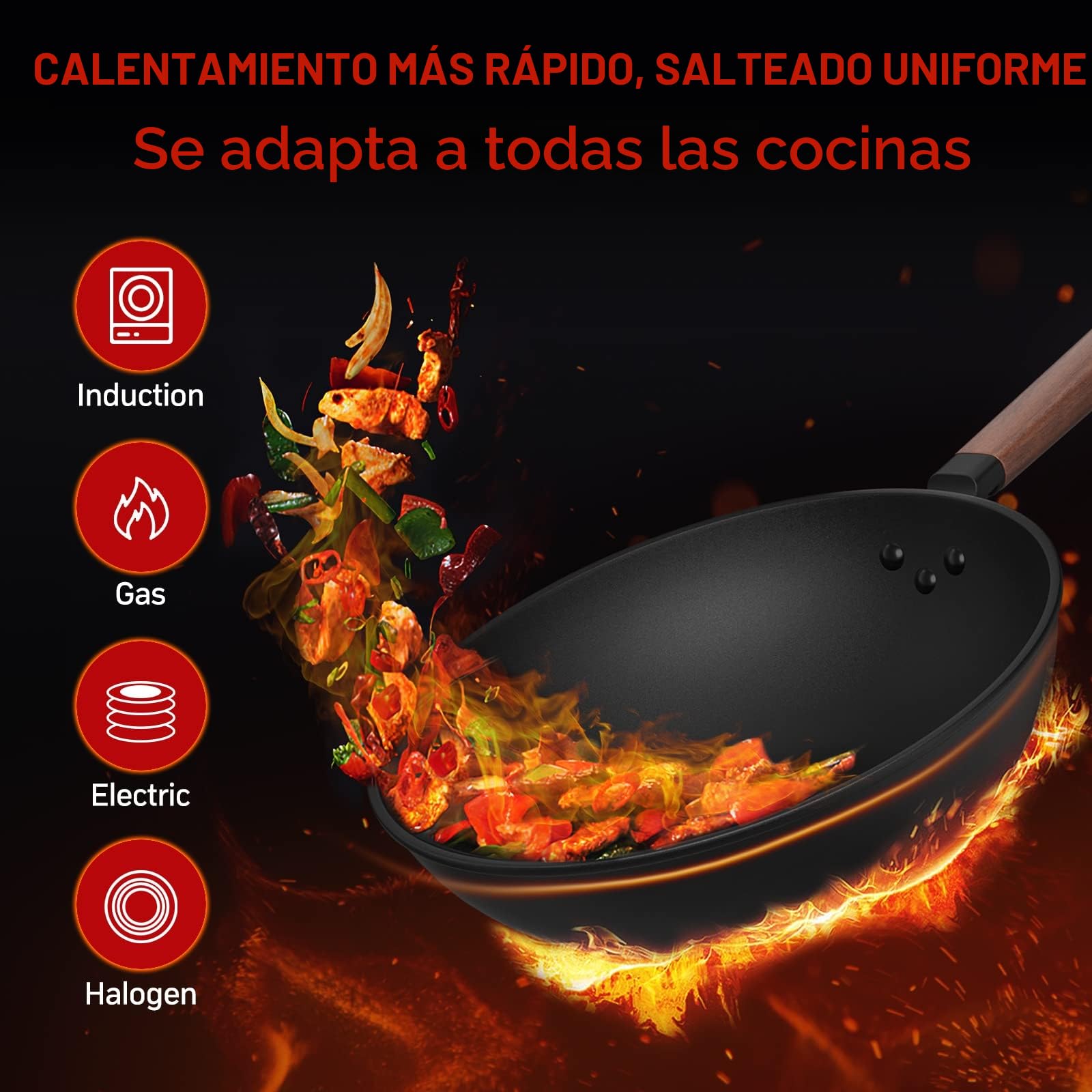 Jobin 33cm/5,6L Wok de Acero al Carbono Sartenes Antiadherentes con Tapa - Sin Recubrimiento Químico - Puede Cocinar Platos Asiáticos para 4-6 Personas - Apto Para Todas las Cocinas