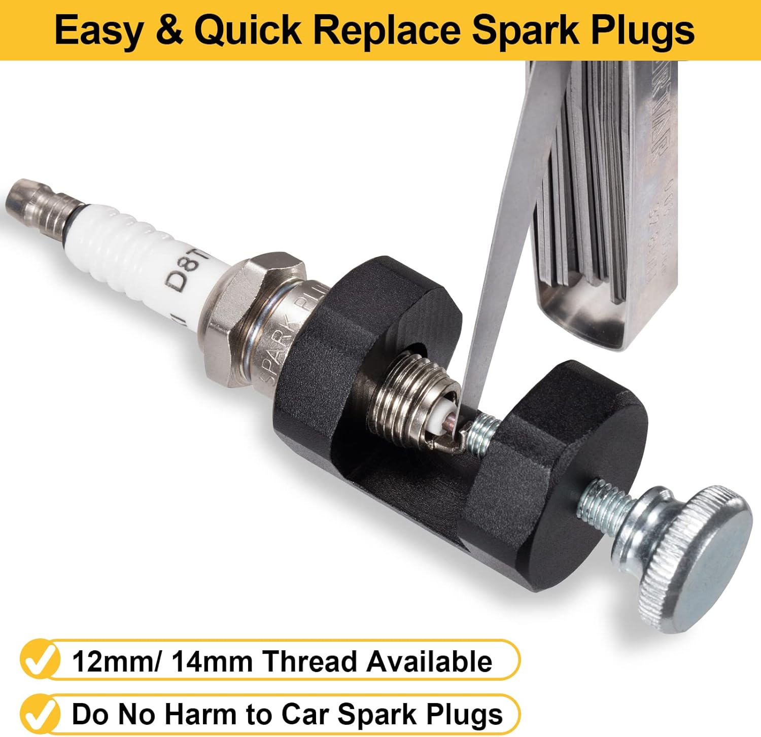 A spark plug inserted into the Toolwiz gapping tool, with a feeler gauge being used to measure the gap.
