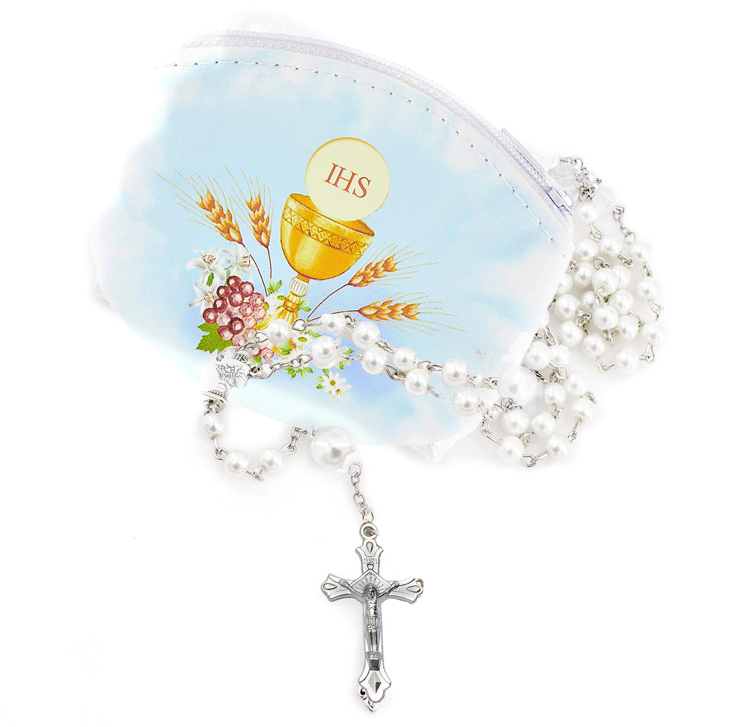 Elysian Gift ShopHoly First Communion Rosary and Case Set Includes White Pearl Communion Rosary and Leather Pouch with Chalice and Host Design (White)