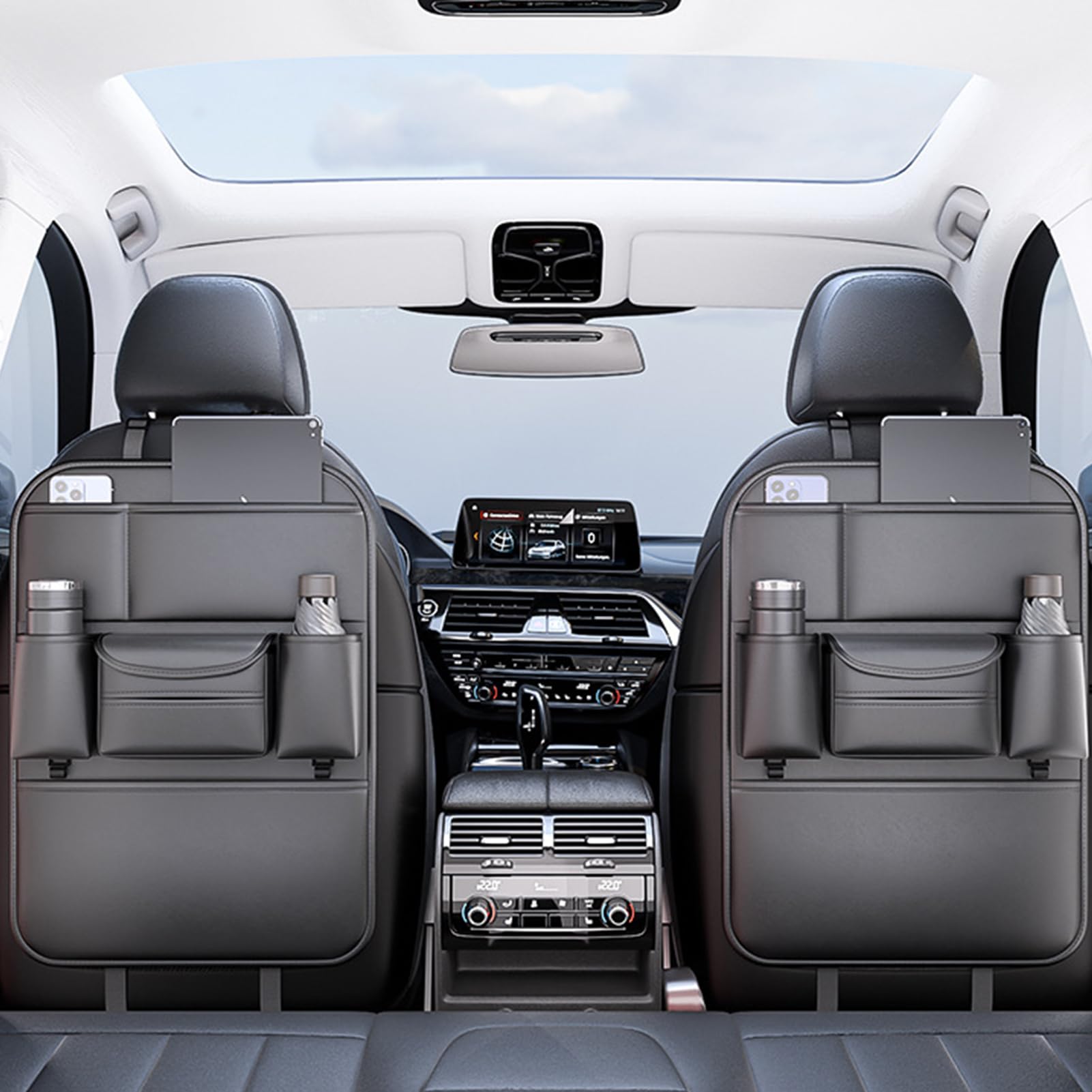 Organizador Trasero Para Coche Organizador De Asiento Trasero Con Bolsillos | Protector De Asiento De Cuero Con Portavasos Y Alfombrilla, Imprescindible Para Viajes En