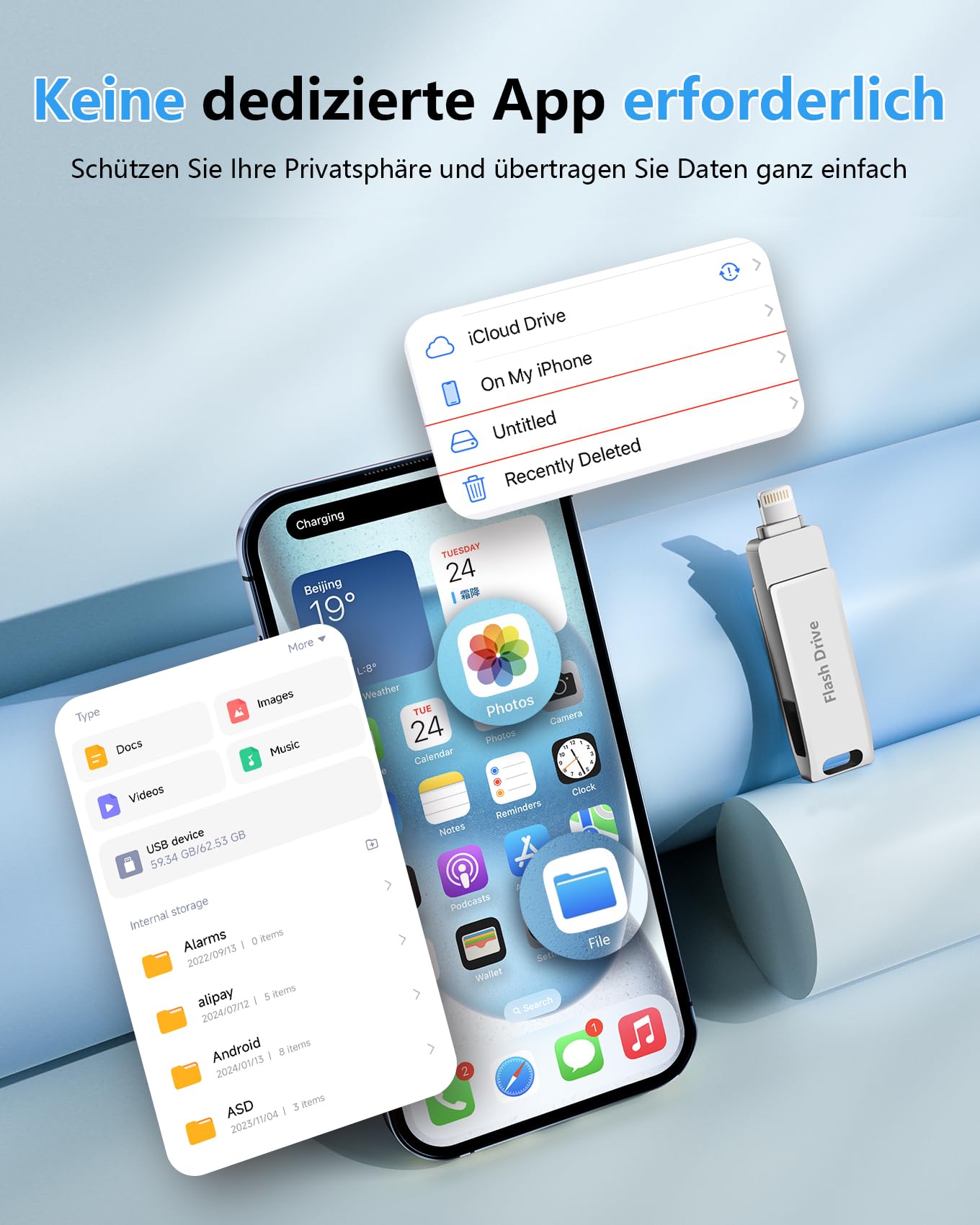 [Ohne App] USB Stick 512GB für iPhone MFi-zertifizierter, Lncnnk 3 in 1 Flash-Laufwerk, Lightning USB 3.0 Speicherstick Fotostick, USB C Stick für iPhone/iPad/OTG Android Handy/Mac/PC,Schwarz - 4