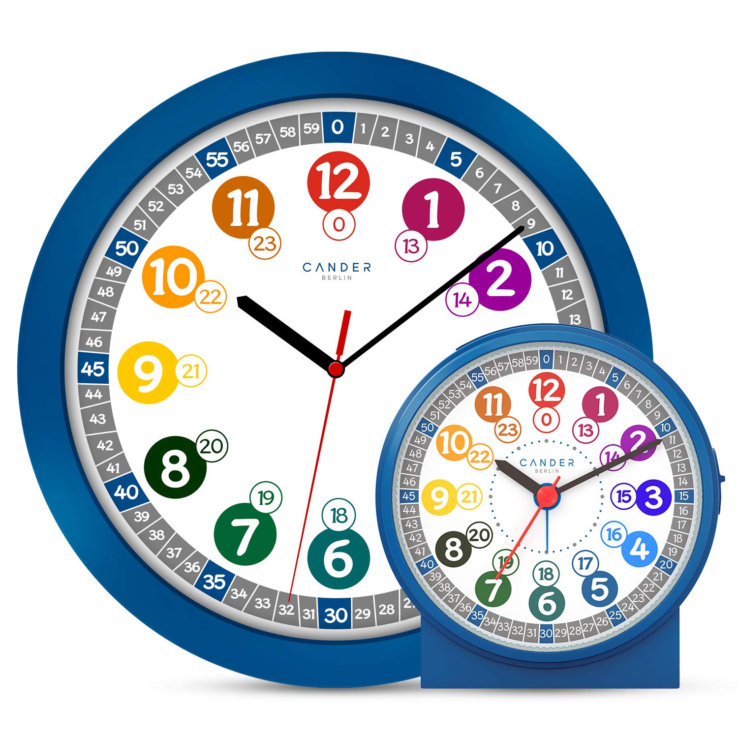 Cander Berlin MNU 1030 J Kinderwanduhr und MNU 1009 J Kinderwecker lautlos blau Lernuhr Wecker Kinder Licht Snooze geräuschlos leise ohne Tickgeräusche analog Wanduhr Kinderzimmer Jungen Mädchen