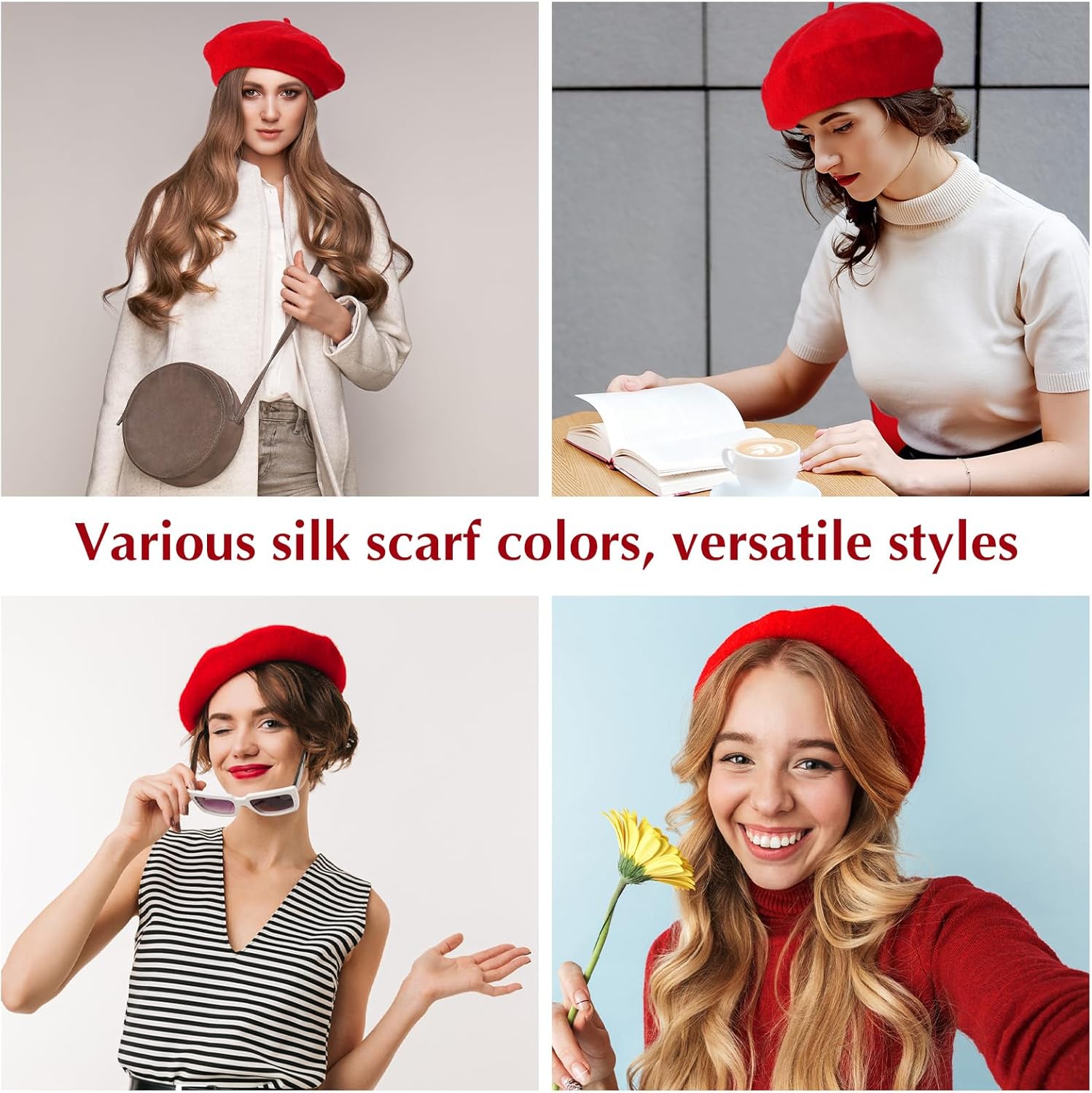 Shinymoon 48 Pcs Women Wool Beret Hat with Silky Scarf French Beret Bulk for Women Girls Winter - Image 3