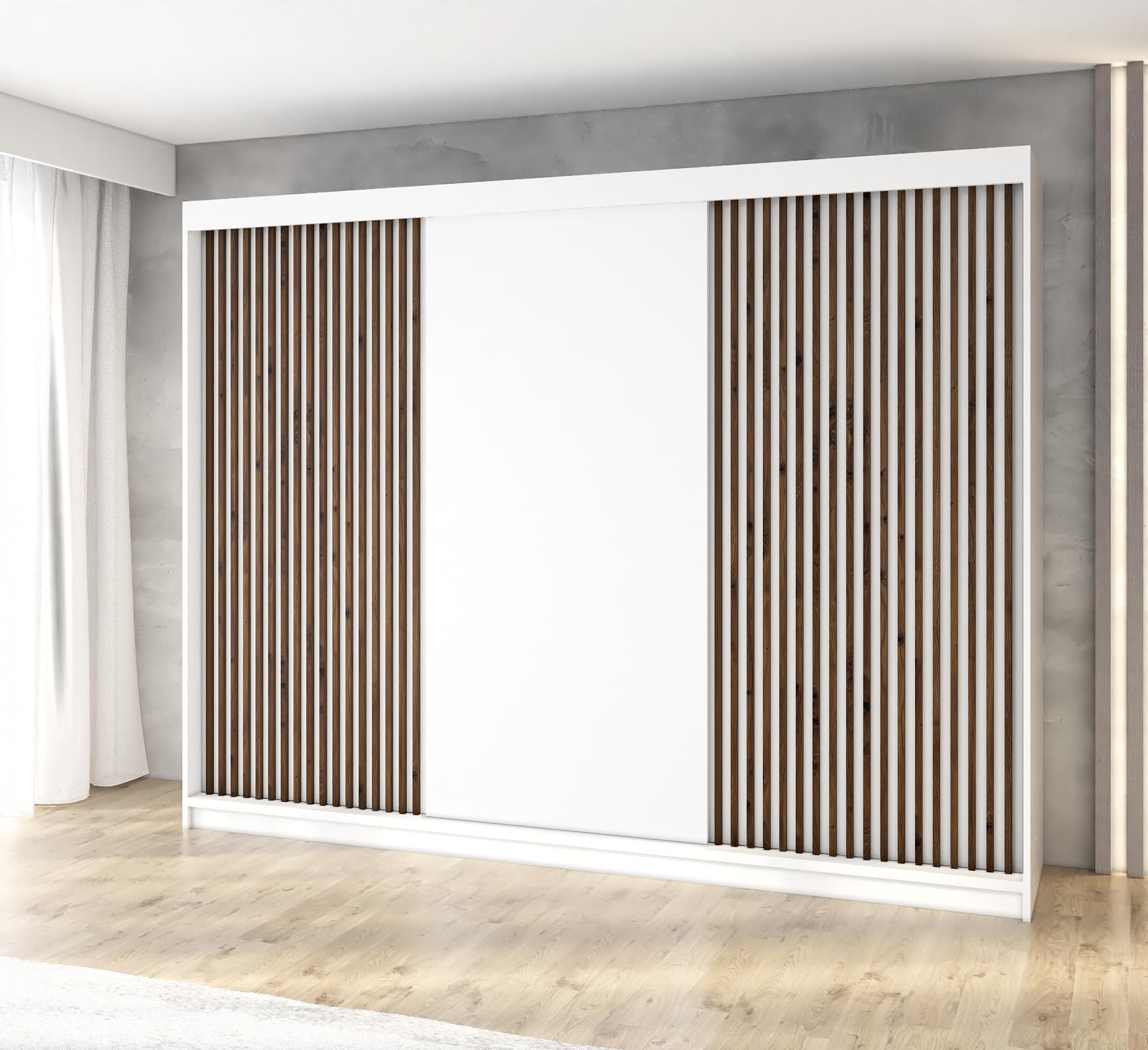 A&J MöbelLand Schwebetürenschrank IOSA Kleiderschrank 3-türig mit 4 Schubladen & 3D Lamellen, Garderobe 200 cm (Weiß/Weiß/Weiß/Weiß)