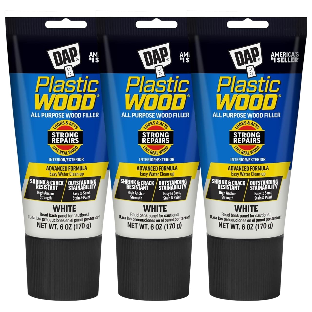 DAP Plastic Wood White Filler 6 oz - Tube for Wood Trim and Oak Repairs - Liquid Epoxy Alternative - Repair Kit for Madera and Walnut - Pack of 3