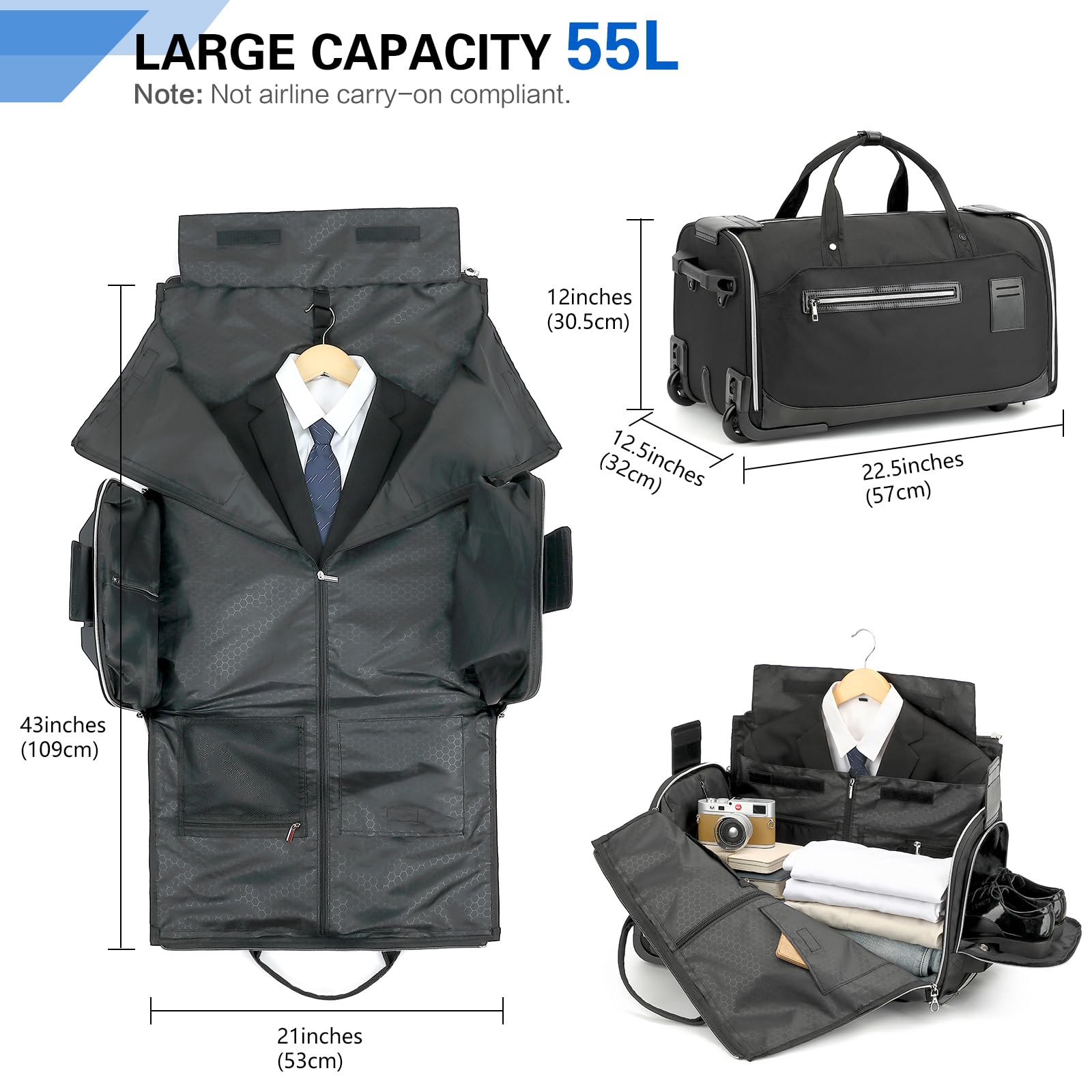 Housses Costume Voyage avec roulettes pour Homme 3 en 1 Convertible Sac à Vêtements Pliable à Roulette avec Compartiment Chaussures 55L Sac Week-End pour Les Voyages d’Affaires, Noir