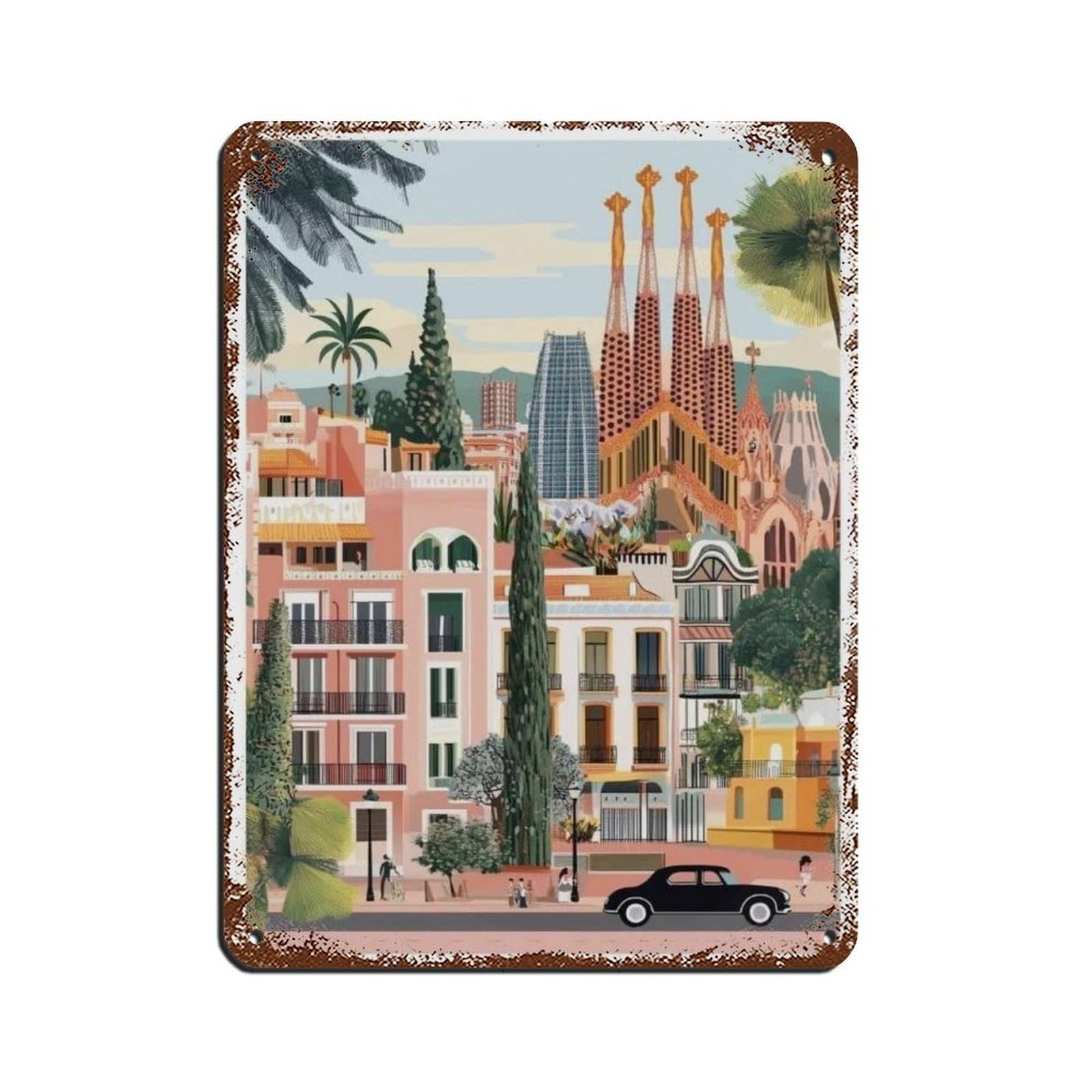Lxwnze 30L X 40W Cm Barcelona Poster, Spain Art, Travel Poster Retro Poster Metal Tin Sign Chic Art Retro Iron Painting Bar People Cave Cafe Family Garage Poster Wall Decoration 12X16inch(30X40cm)