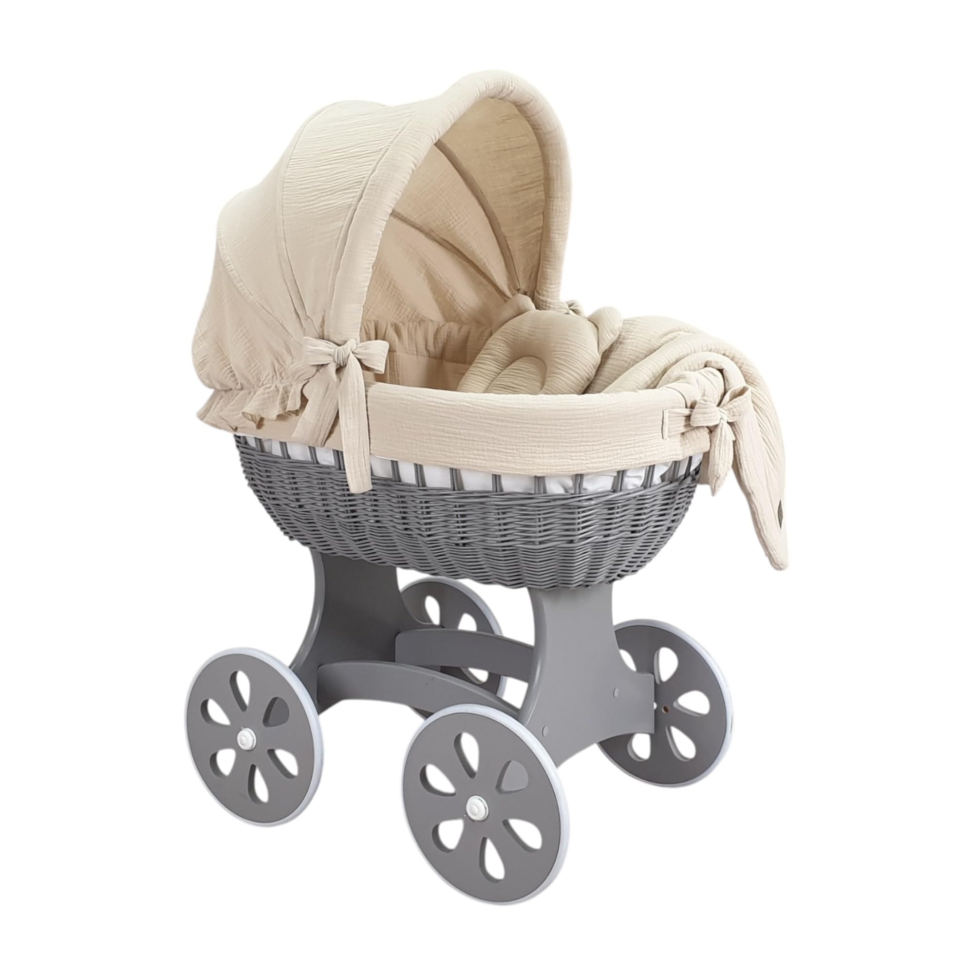 Wiklinopol Culla Annabell – Cestino Moses in vimini naturale con struttura e ruote – Set biancheria in mussola beige 5 pz. – Cestino grigio – con materasso incluso