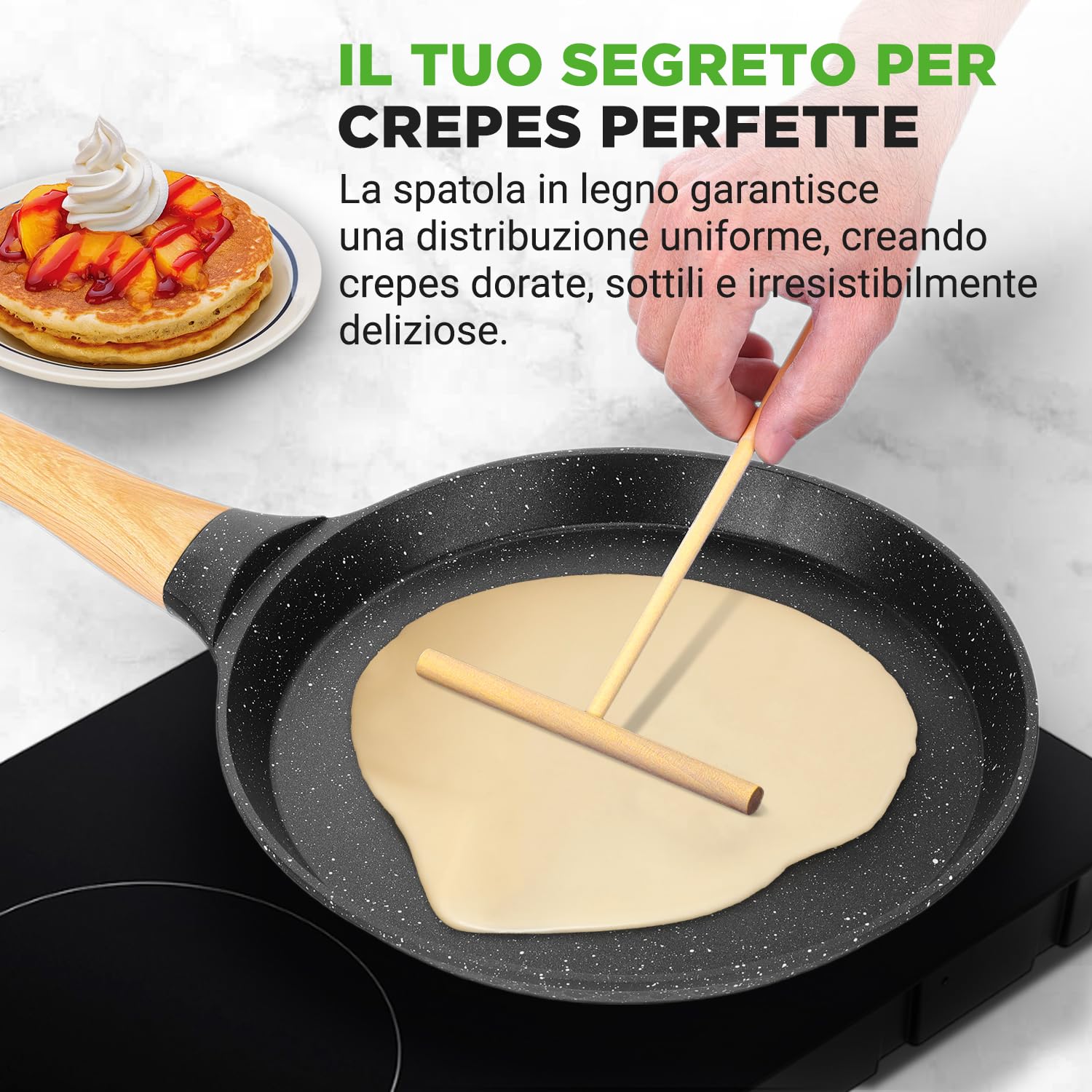 NutriChef Padella per Crepes, Crepiera Antiaderente 28 cm con Spatola in Legno, Rivestimento Marmo, Manico Ergonomico, Fondo Induzione, Ideale anche per Pancake, Bacon e Uova