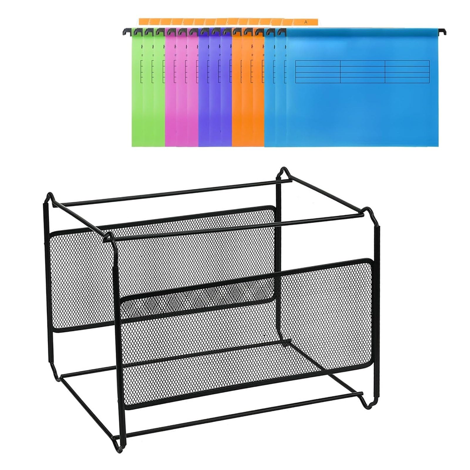 JOUFNING Office Desk Organizers and Accessories - Desktop Hanging File Folder Holder, Suspension Files with Tabs and Card, Metal Mesh A4 Catalog Reference Stand, Durable Space Saving