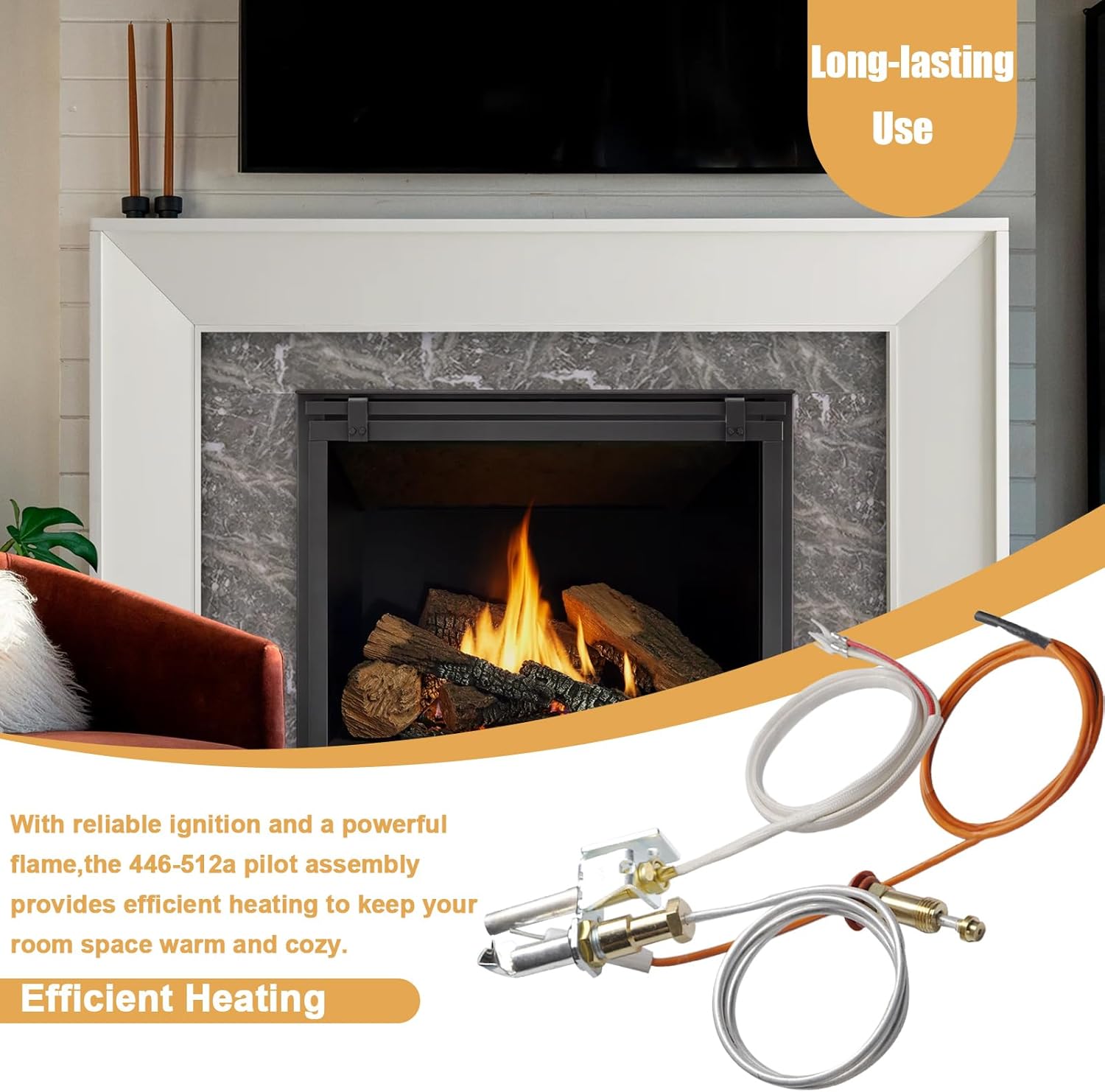 446-512A Natural Gas Pilot Assembly for Heat N Glo Gas Fireplaces and Log Sets, Fits Heat-N-Glo Models SL2000, 4000, 5000, 6000, SRV446-512A,Replacement NG Pilot Assembly Parts with Thermopile